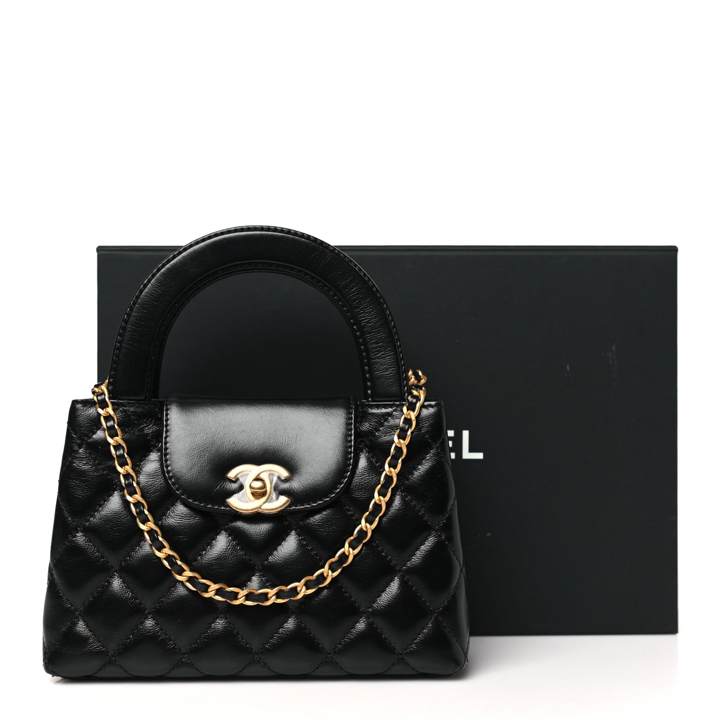 Shiny Aged Calfskin Quilted Nano Kelly Shopper Black