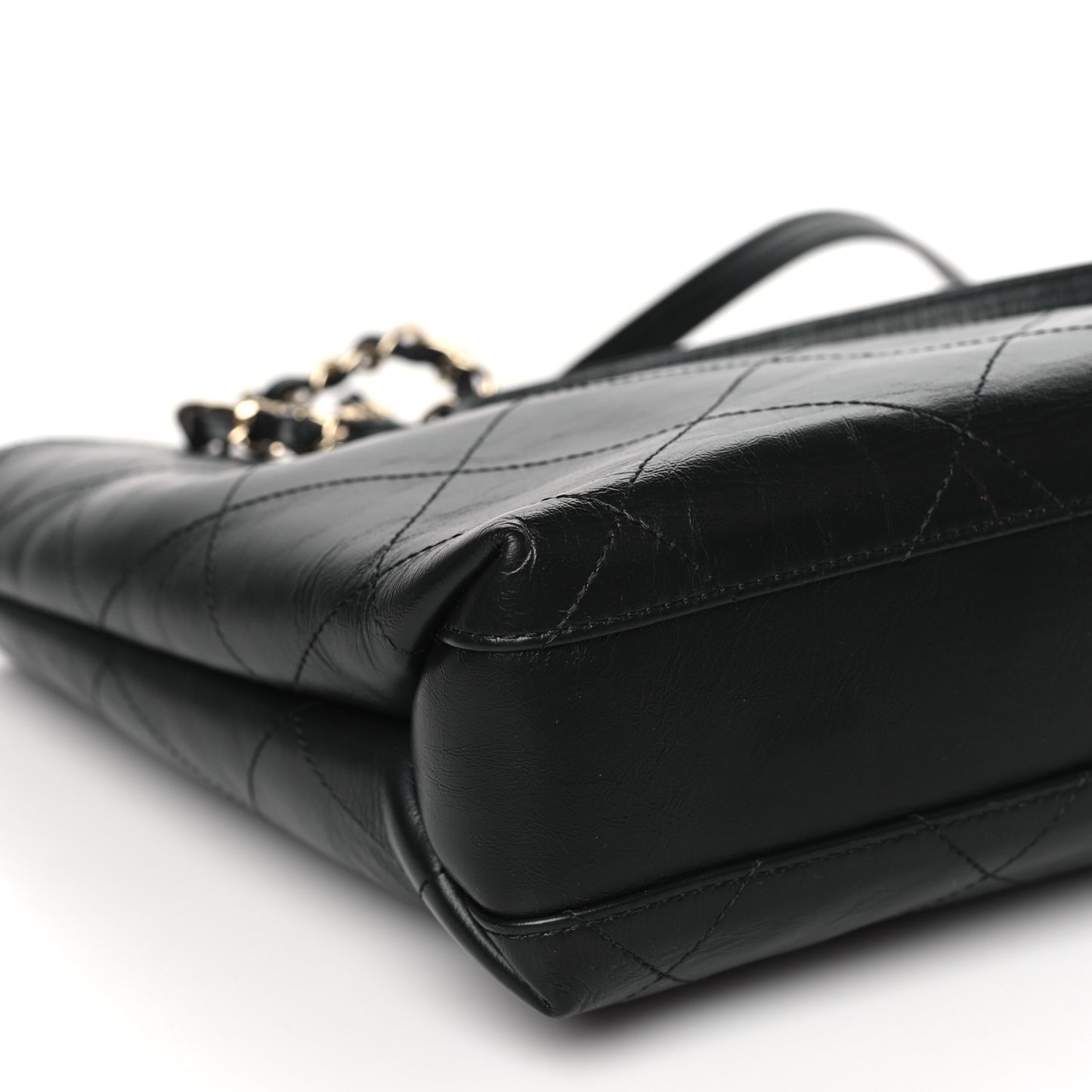 Glazed Calfskin Stitched Shopping Tote Black