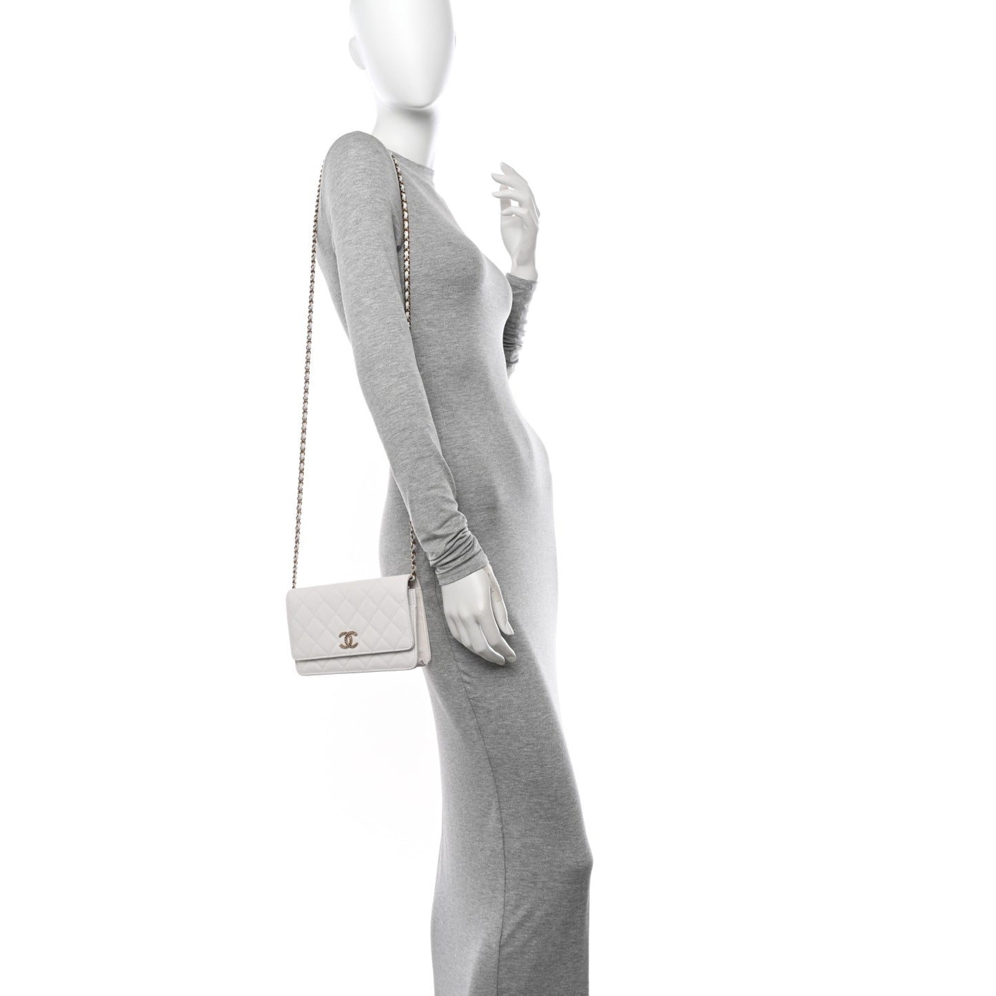 Caviar Quilted Perforated Metal CC Wallet On Chain WOC White