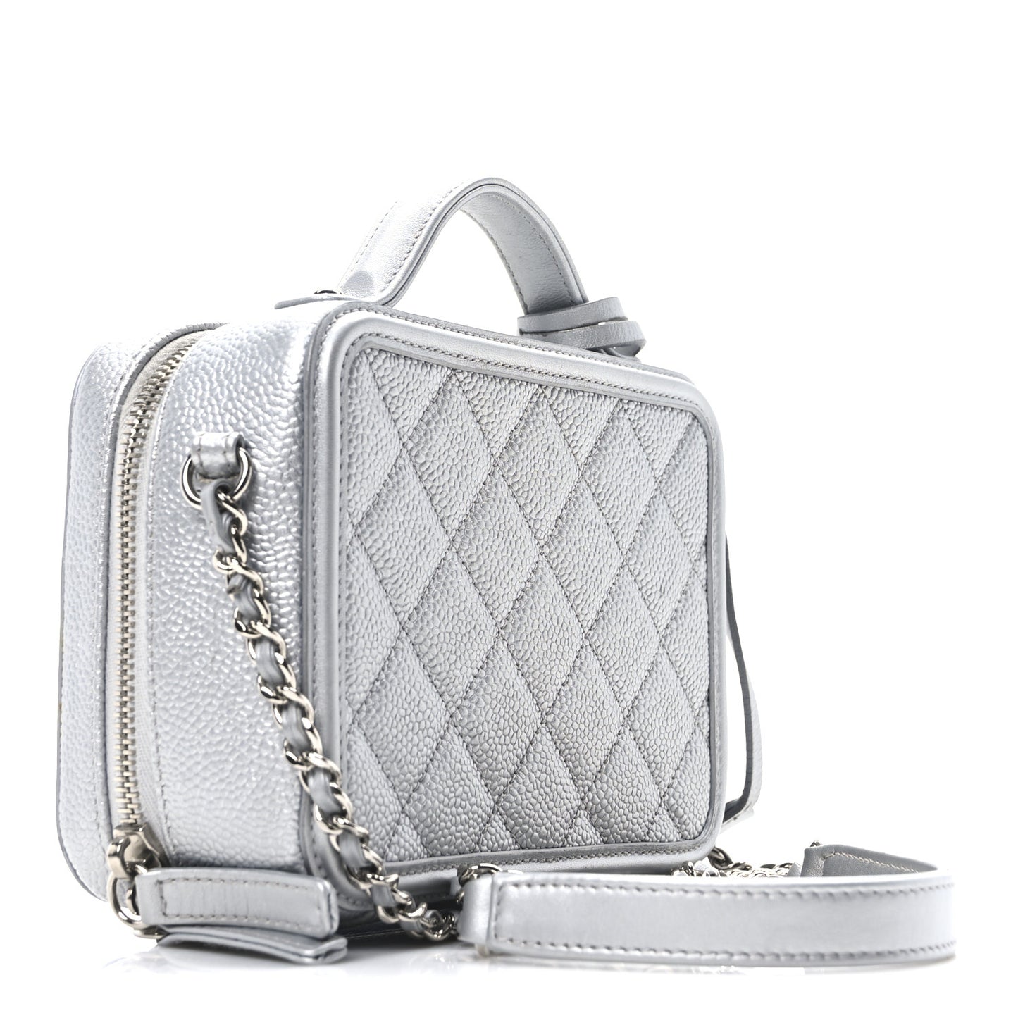 Metallic Caviar Quilted Small CC Filigree Vanity Case Silver