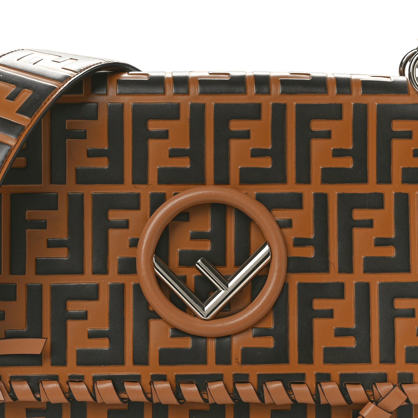 Vitello Century F is Fendi Whipstitch Threads FF Embossed Kan I Shoulder Bag Tobacco Orzo