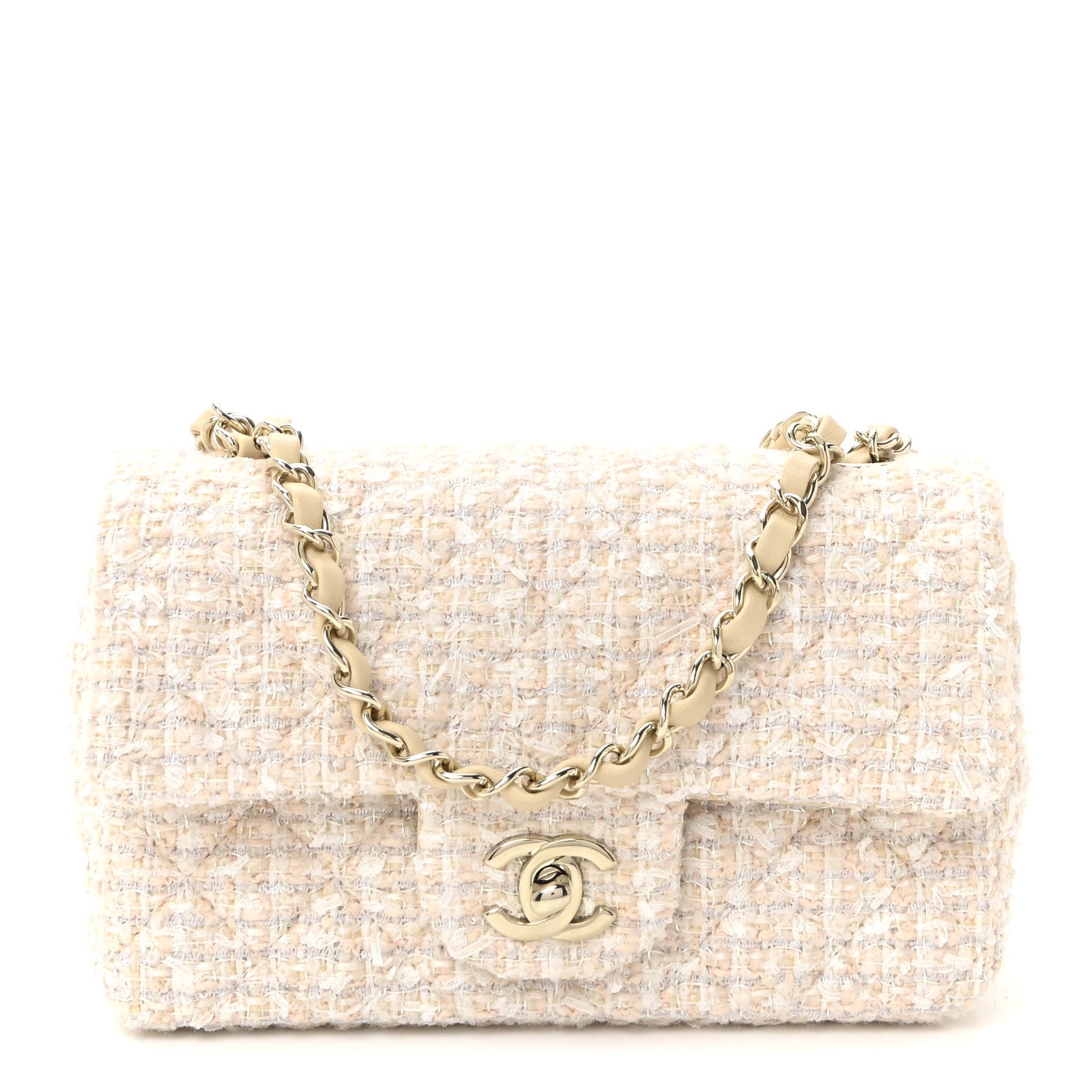 CHANELツイード パッチピン white × gold Chanel Tweed Quilted Mini Rectangular Flap Off White 1815392