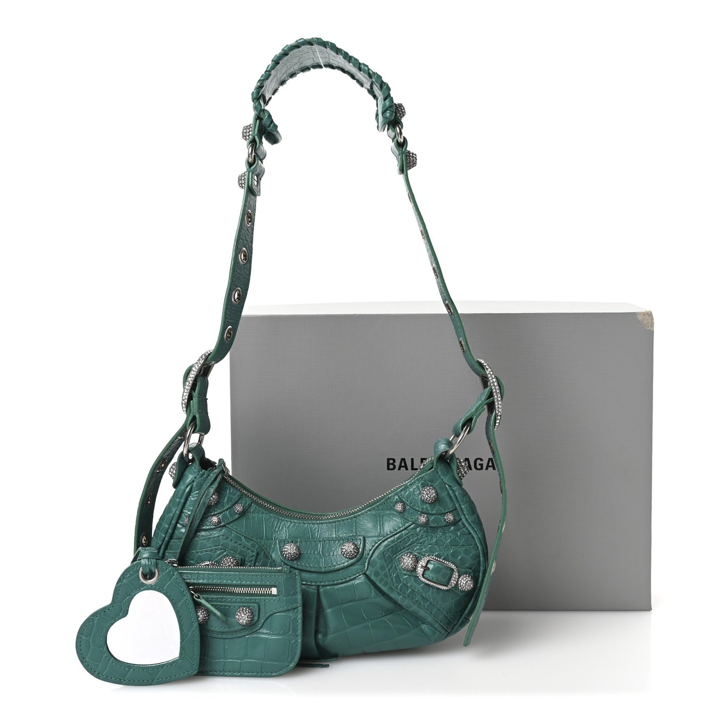 Extra Supple Calfskin Crystal Crocodile Embossed Le Cagole Shoulder Bag XS Jade