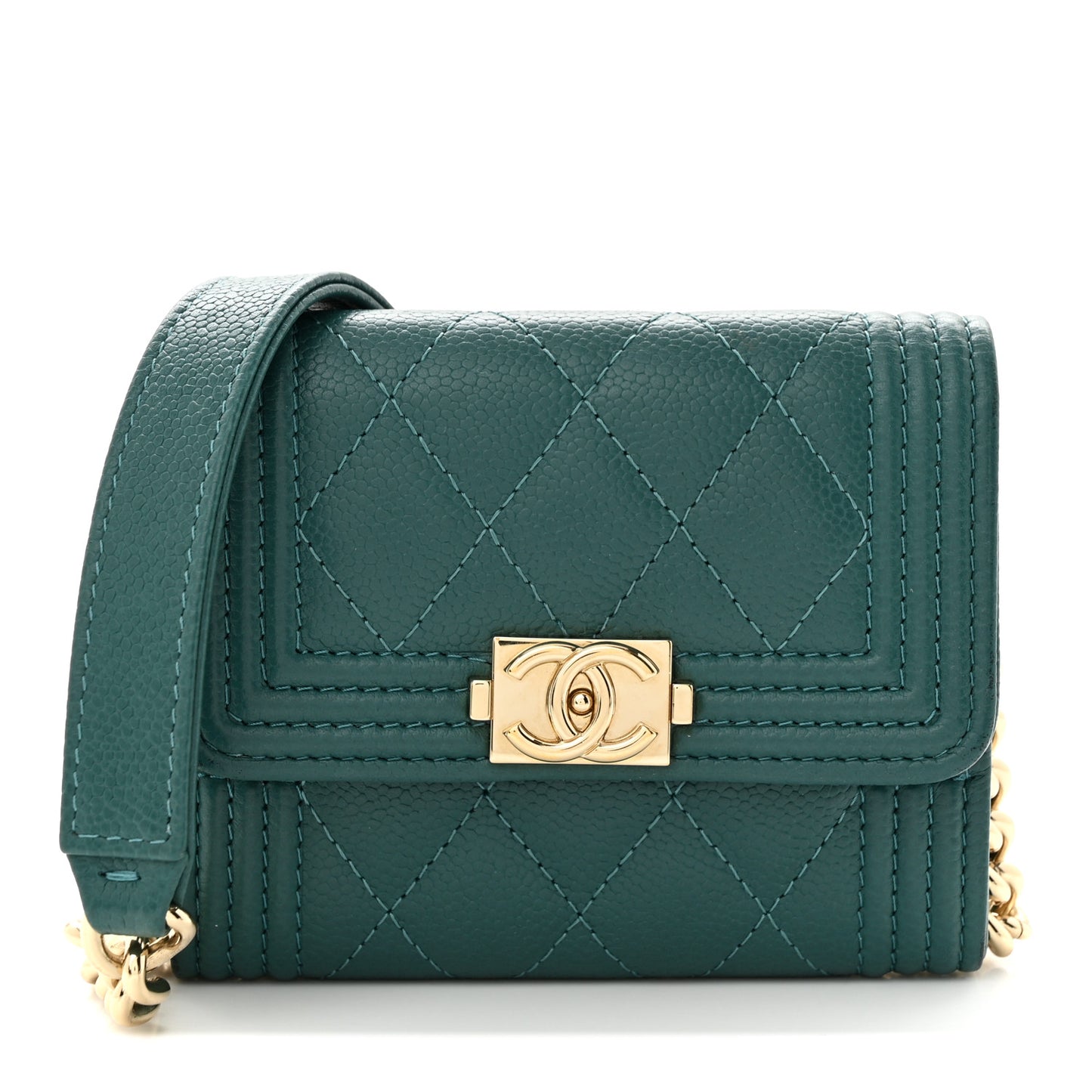 Caviar Quilted Boy Card Holder On Chain Green