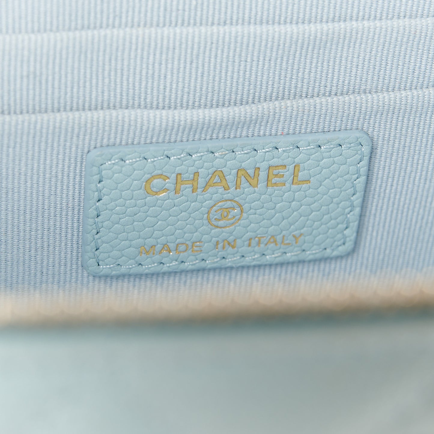 Caviar Quilted Small Tiny CC Vanity Case With Chain Light Blue