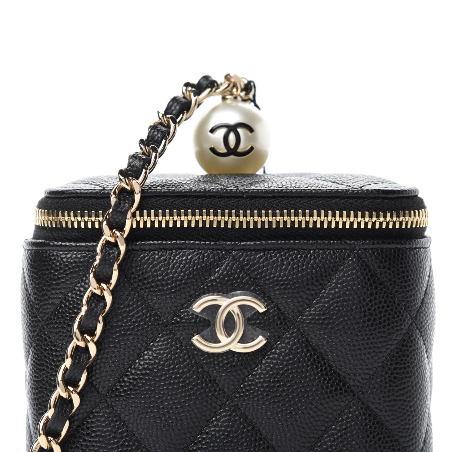 Caviar Quilted Mini Pearl On Top Vanity Case With Chain Black