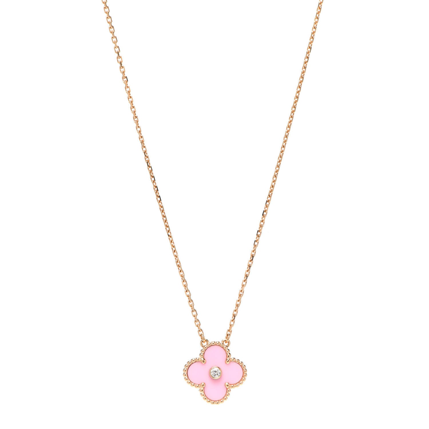 Van Cleef & Arpels 18K Rose Gold Diamond Pink Porcelain Vintage Alhambra Pendant Necklace 1 of 9