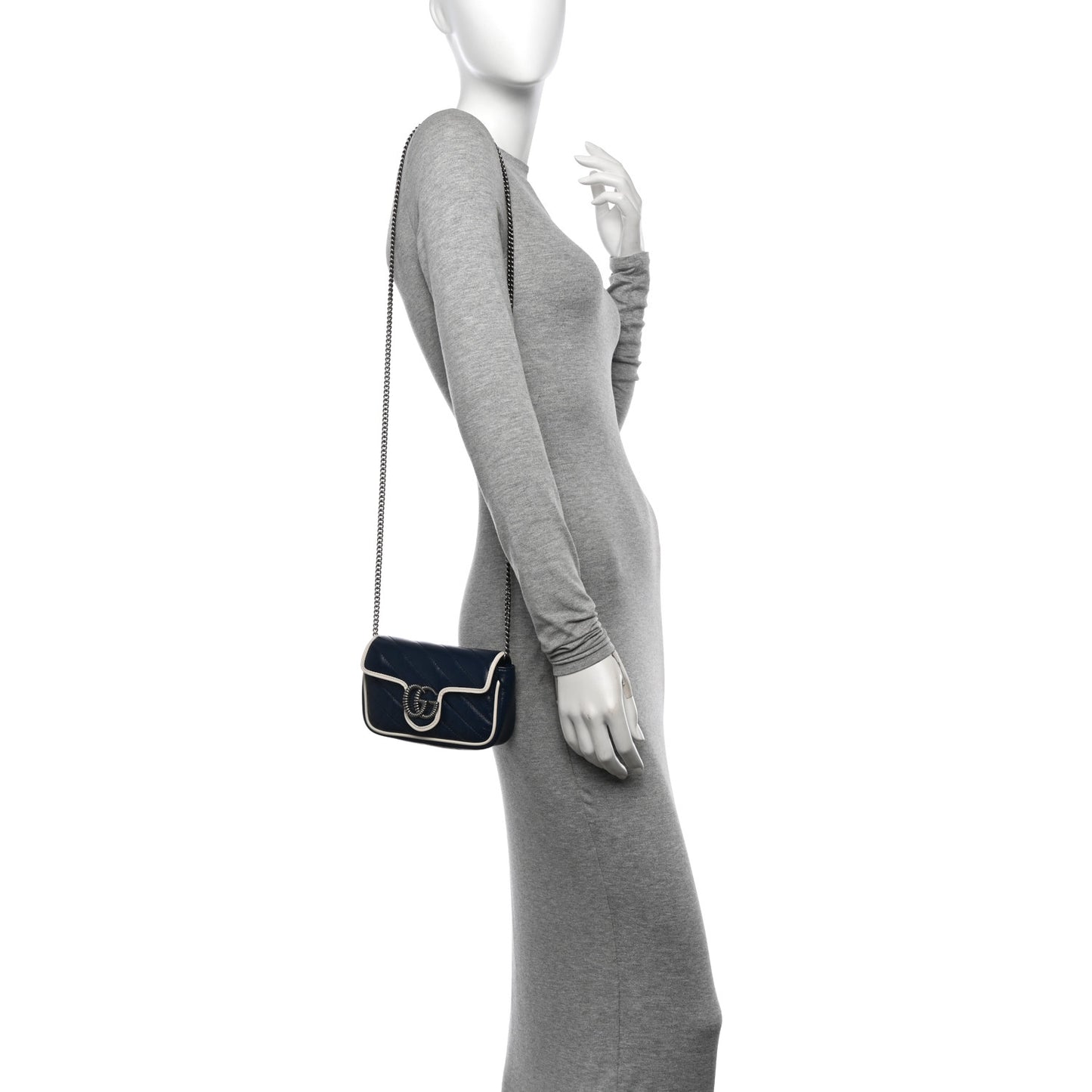 Vintage Effect Calfskin Matelasse Diagonal Super Mini Torchon GG Marmont Shoulder Bag Blue Agata Mystic White