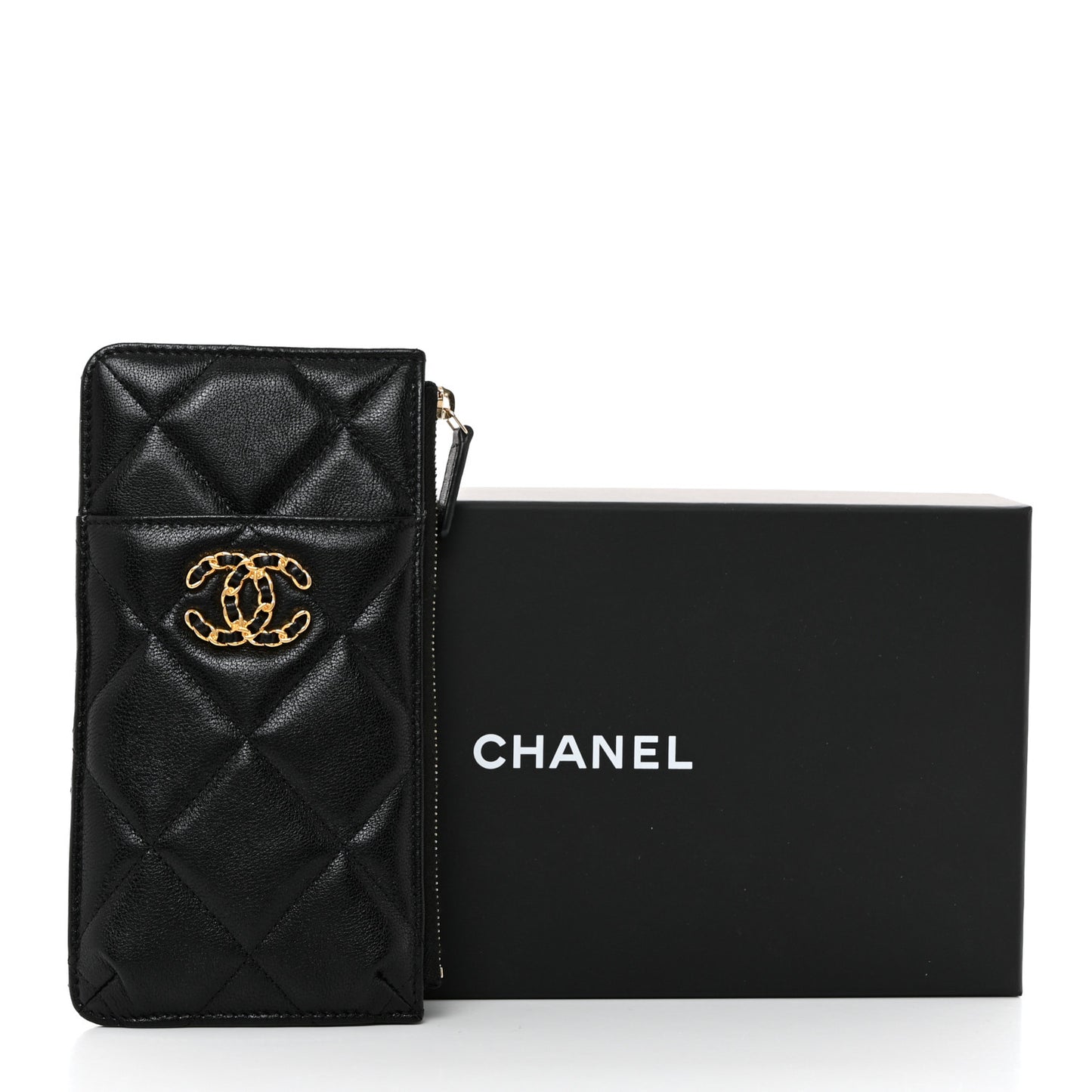 Goatskin Quilted Chanel 19 Flat Wallet Pouch Black