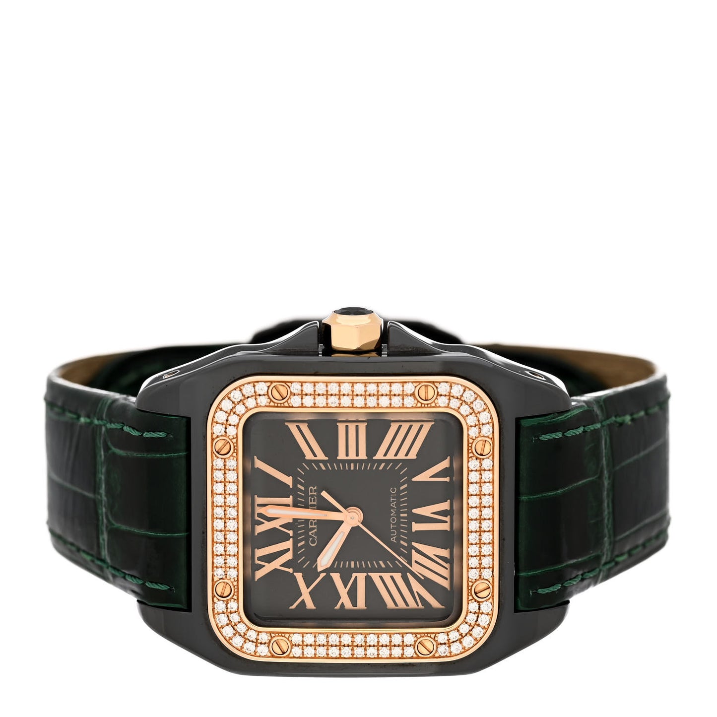 DLC Stainless Steel 18K Yellow Gold Alligator Diamond Bezel 33mm Santos Automatic Watch Black