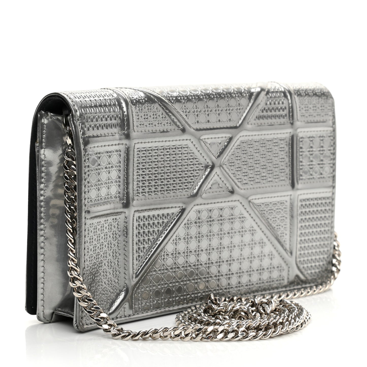 Metallic Patent Micro-Cannage Diorama Wallet on Chain Pouch Silver