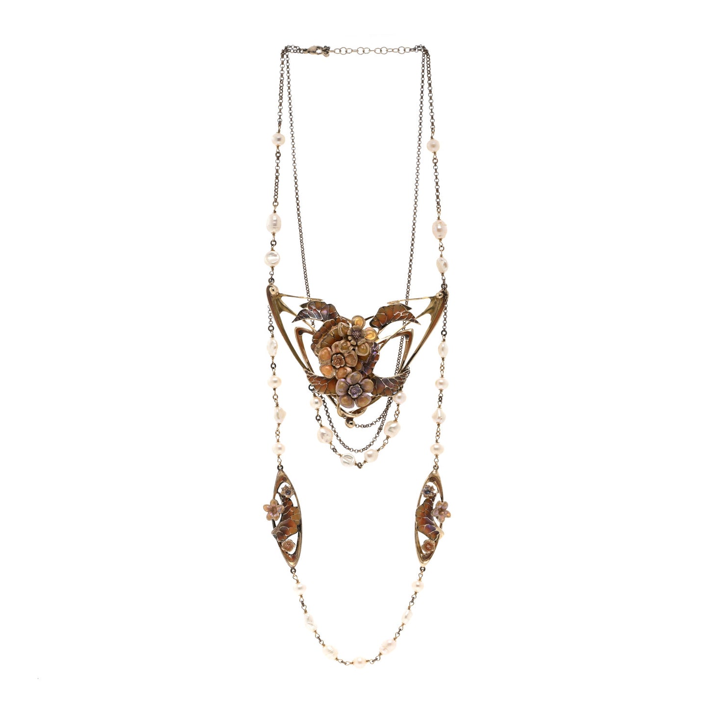 Enamel Pearl CC Floral Long Necklace Multicolor