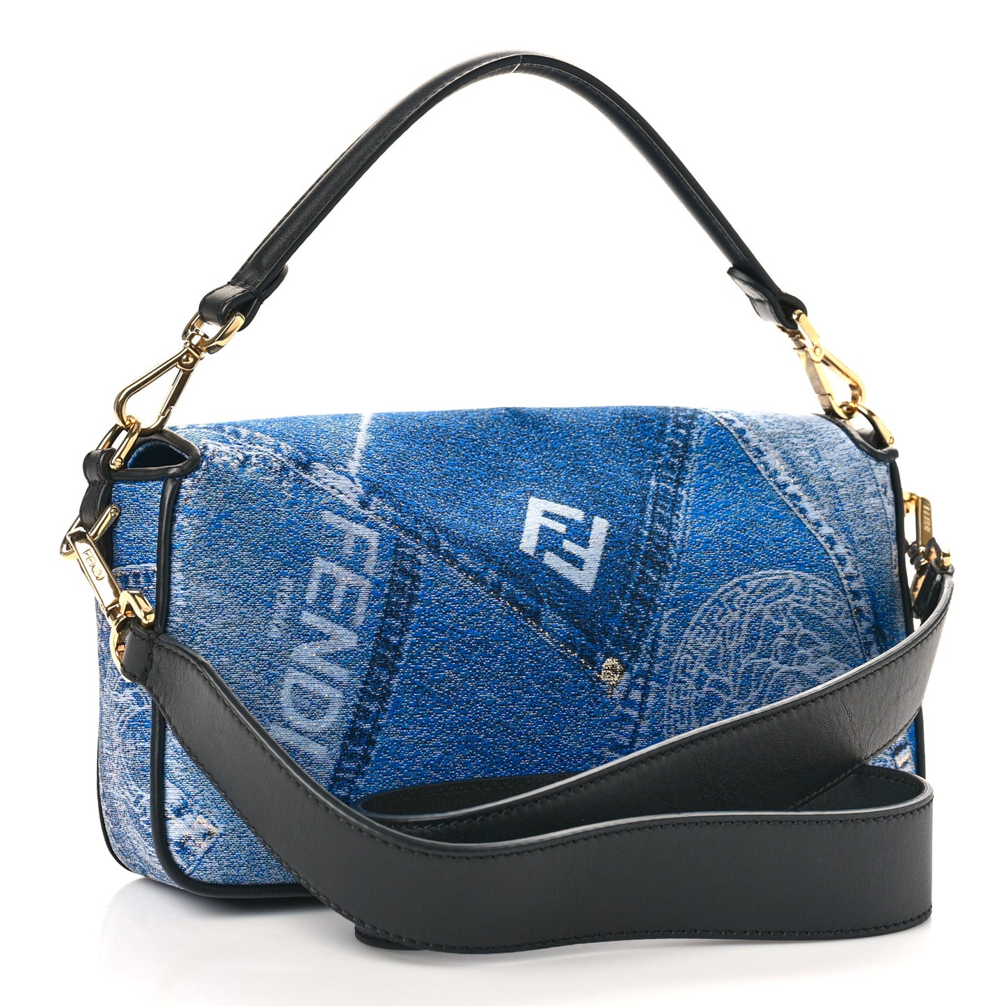X FENDI Fabric Calfskin Medusa Denim Patchwork Print Baguette Blue Black Gold