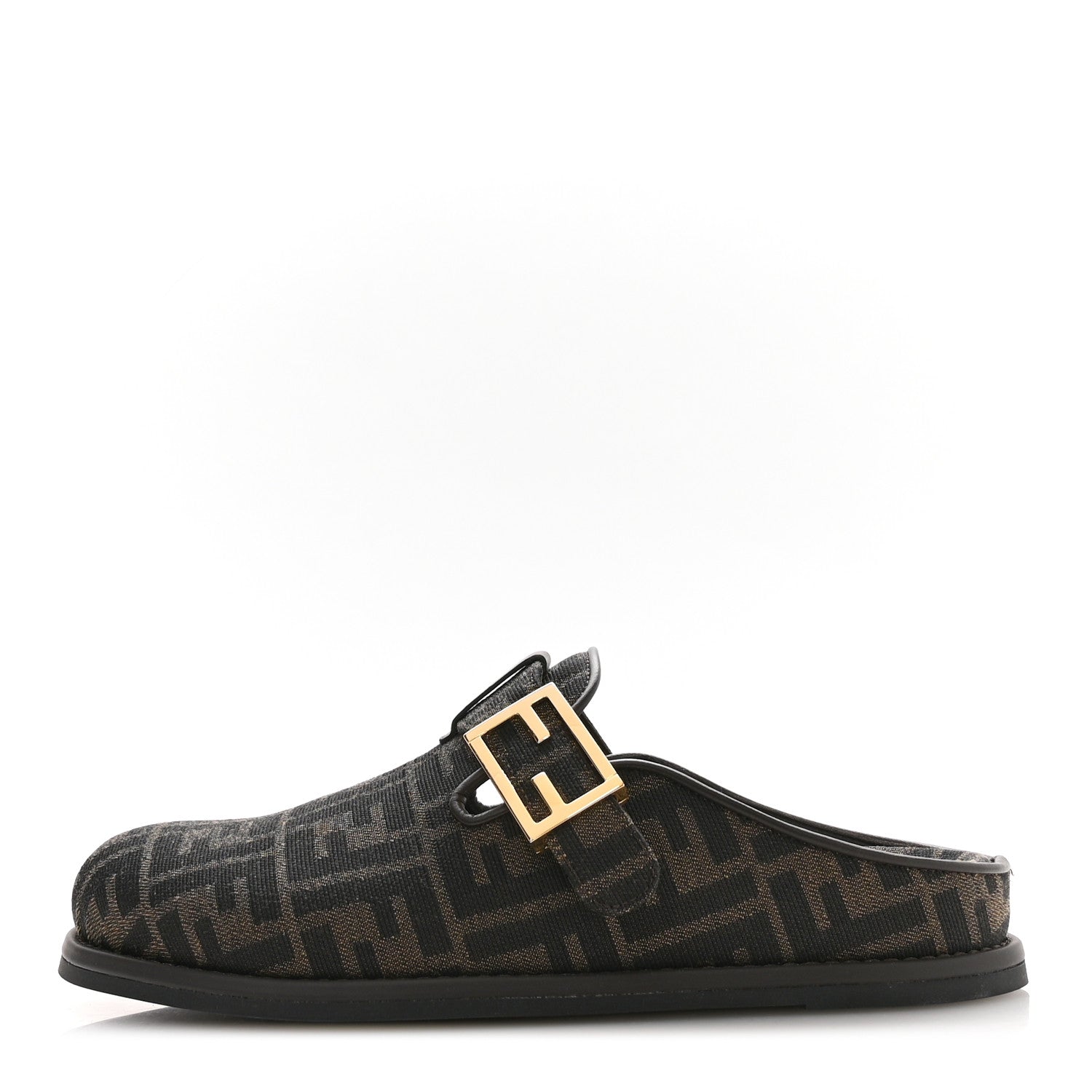 Fendi Fabric Jacquard Nappa FF Womens Sabot Mules 39 Tobacco Black