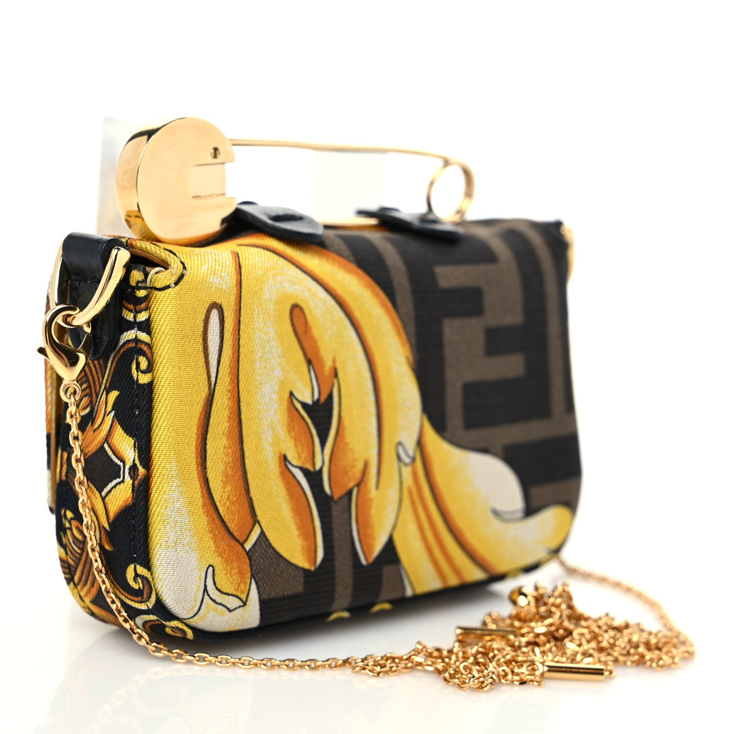 X VERSACE Silk Fendace FF Baroque Nano Brooch Baguette Black Gold