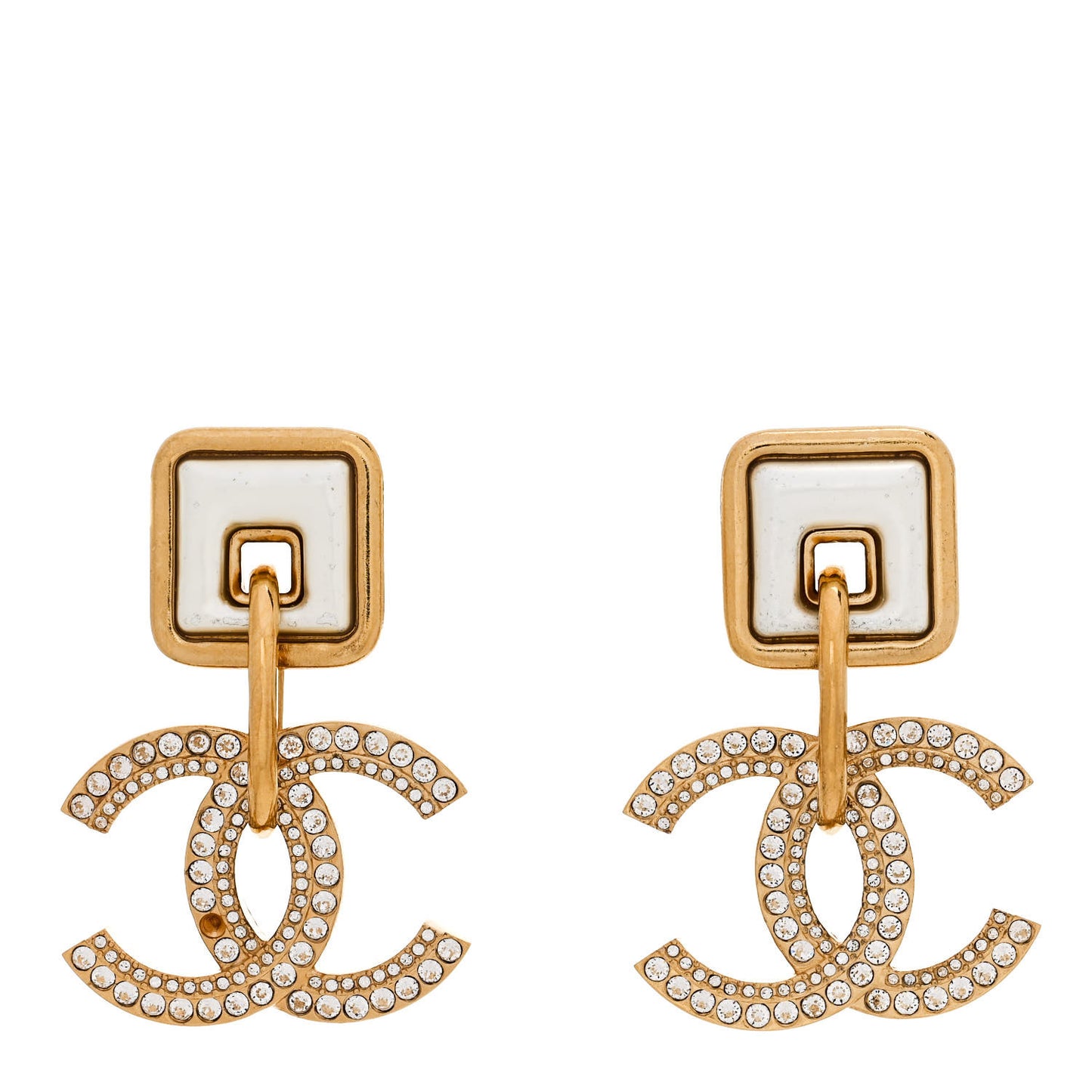Crystal Pearl CC Square Drop Earrings Gold Pearly White