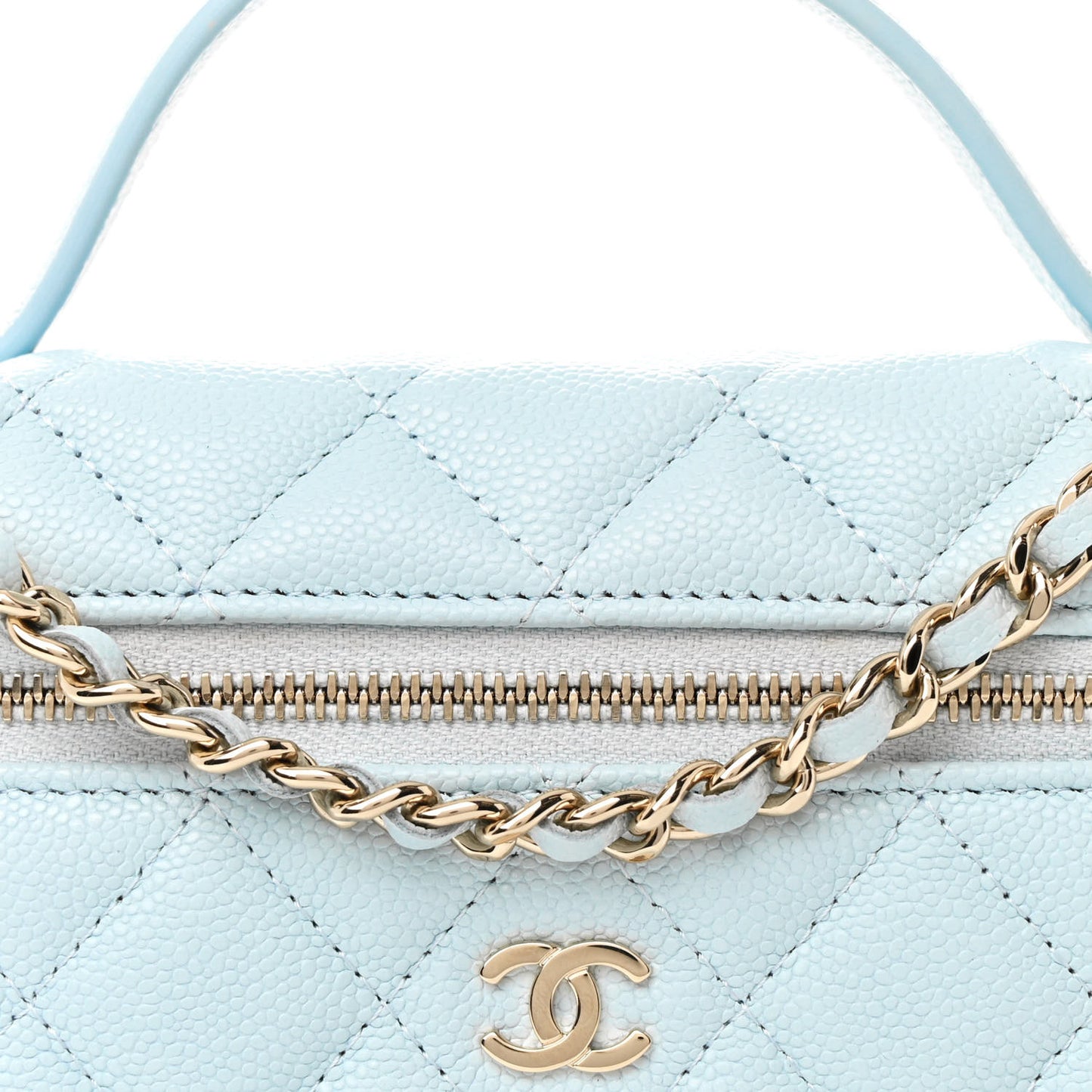 Caviar Quilted Top Handle Slim Vanity With Chain Light Blue