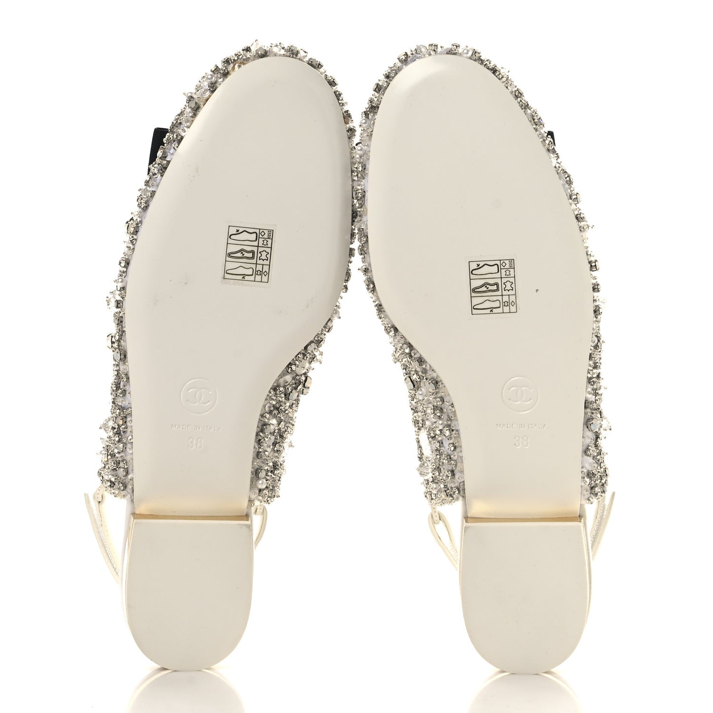 Satin Crystal Lambskin Grossgrain Bow CC Slingback Flats 38 White Black