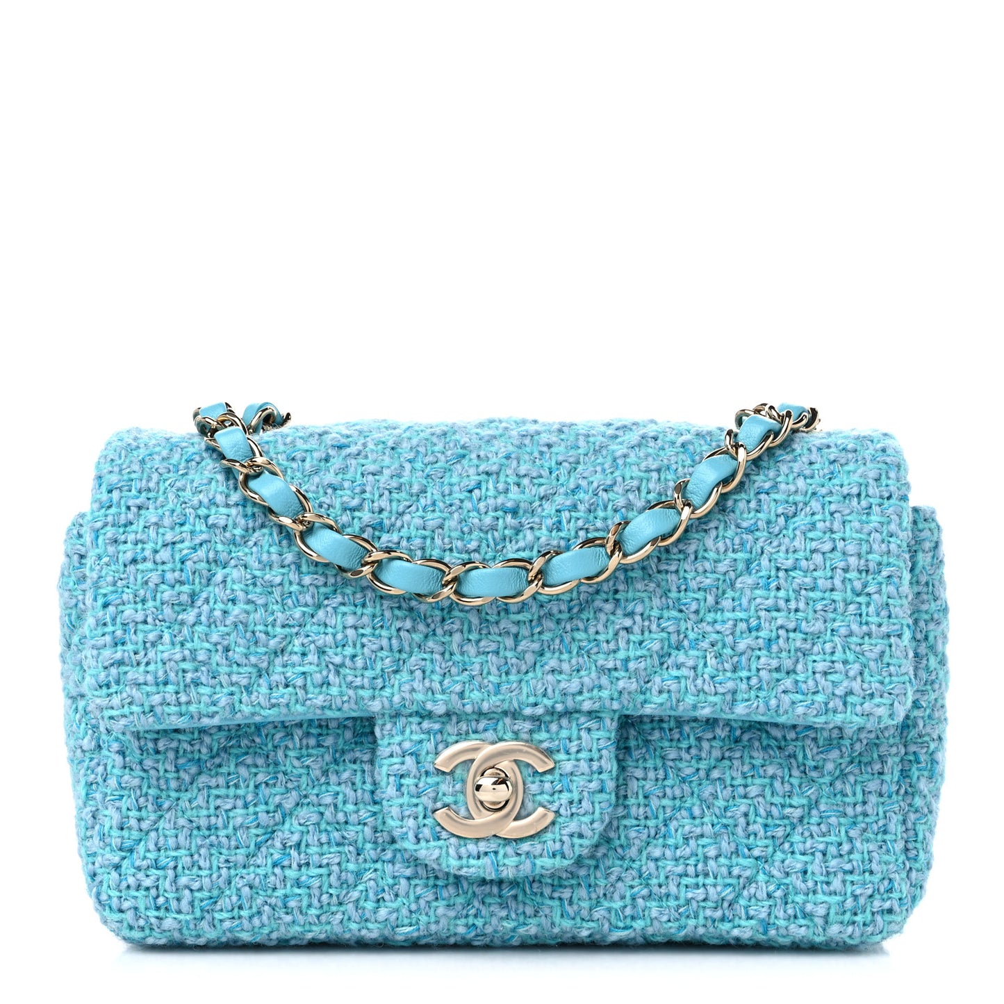 Wool Tweed Quilted Mini Rectangular Flap Turquoise Light Blue