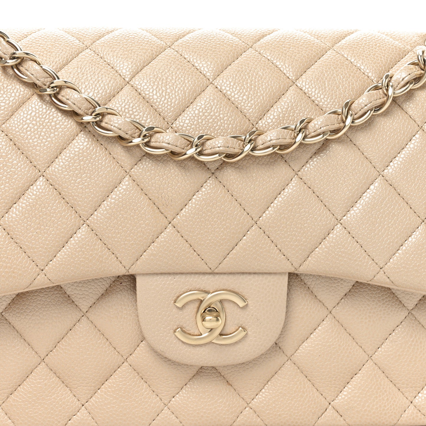 Iridescent Caviar Quilted Jumbo Double Flap Beige