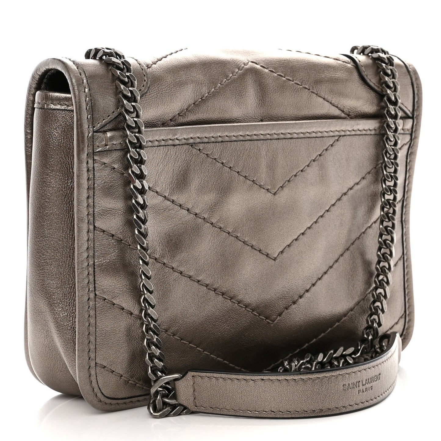 Metallic Calfskin Matelasse Monogram Niki Chain Wallet Platinum