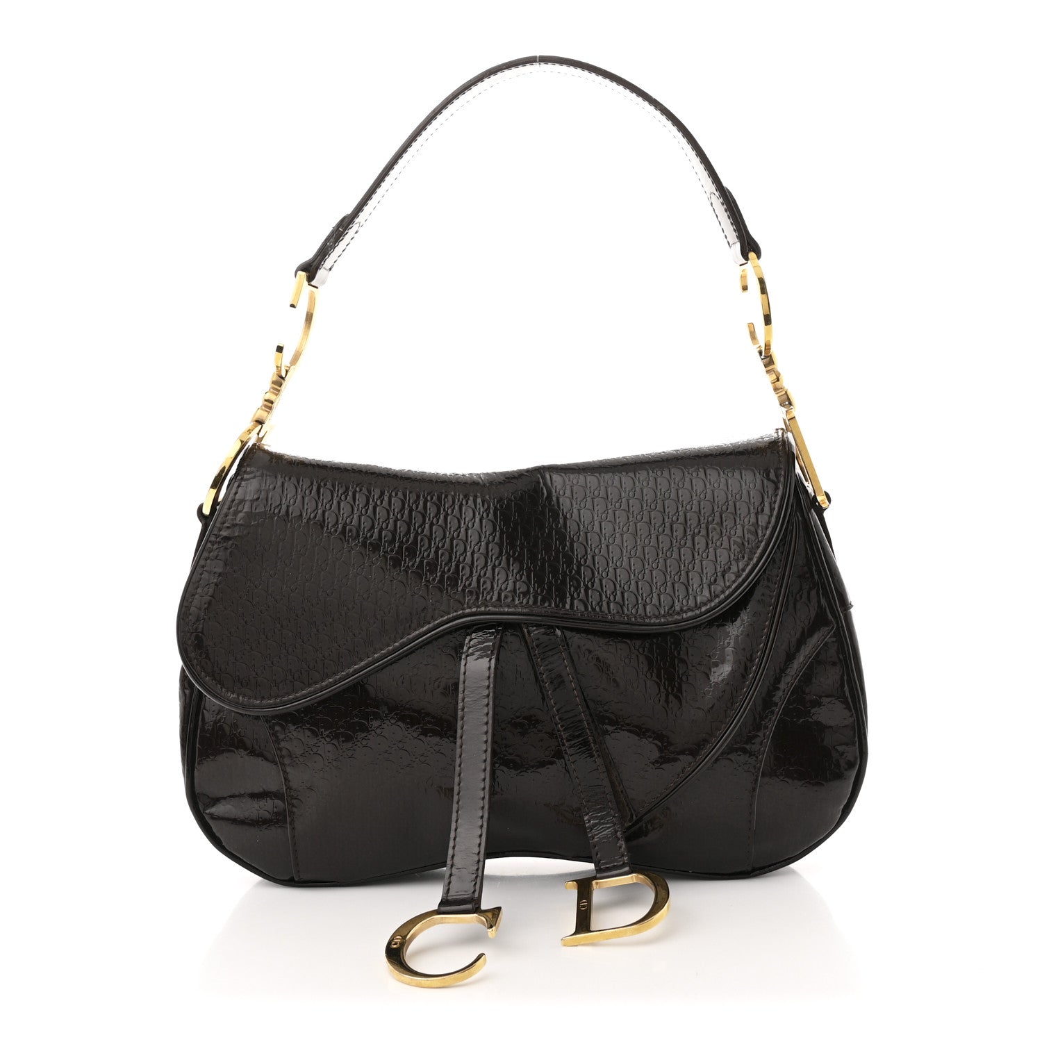 Christian Dior Patent Diorissimo Double Saddle Bag Dark Brown