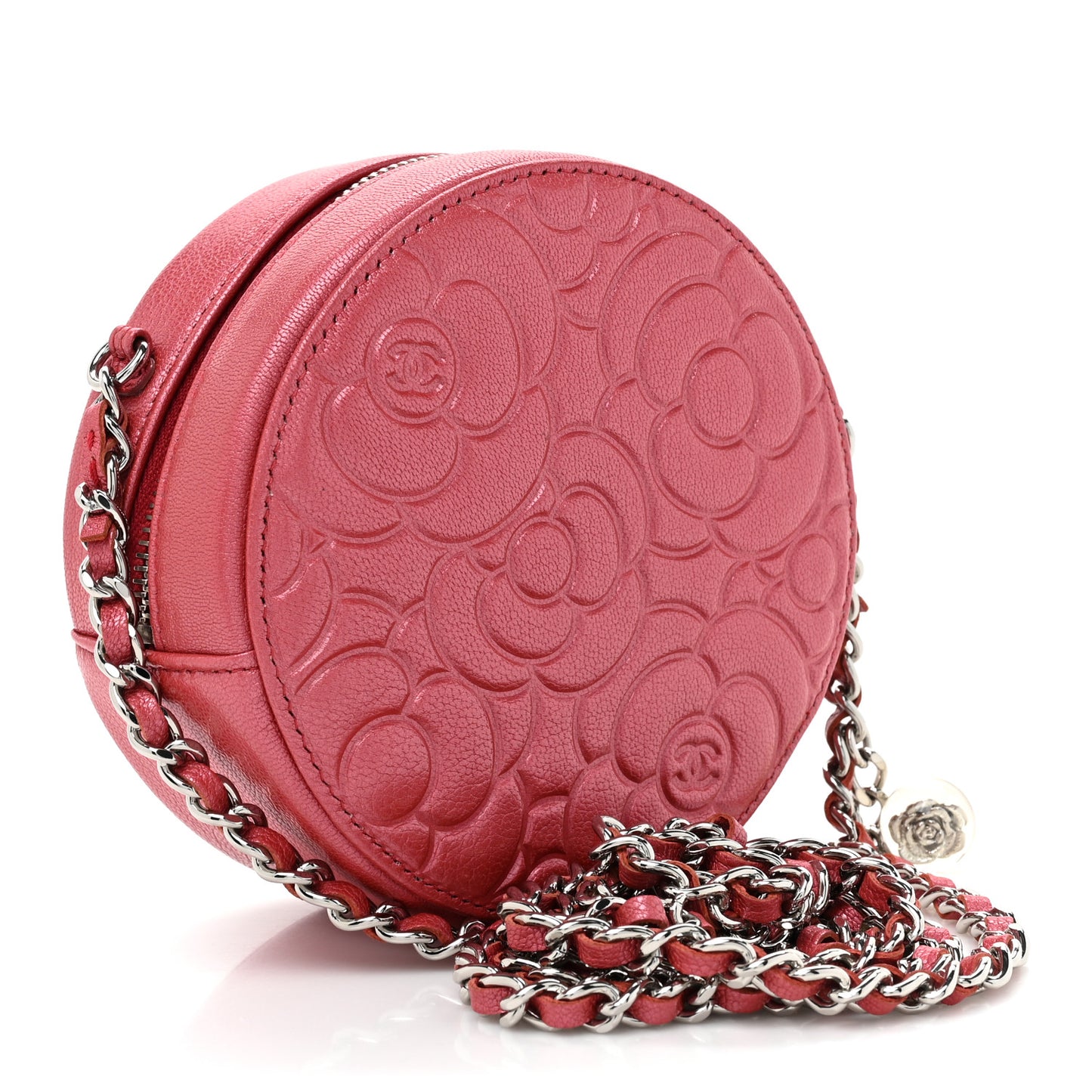 Goatskin Camellia Quilted Round Clutch With Chain Dark Pink