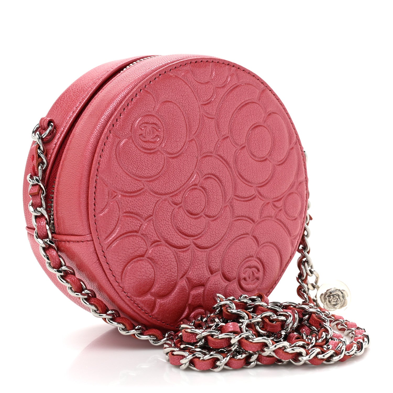 Chanel Goatskin Camellia Quilted Round Clutch With Chain Dark Pink 3 of 9