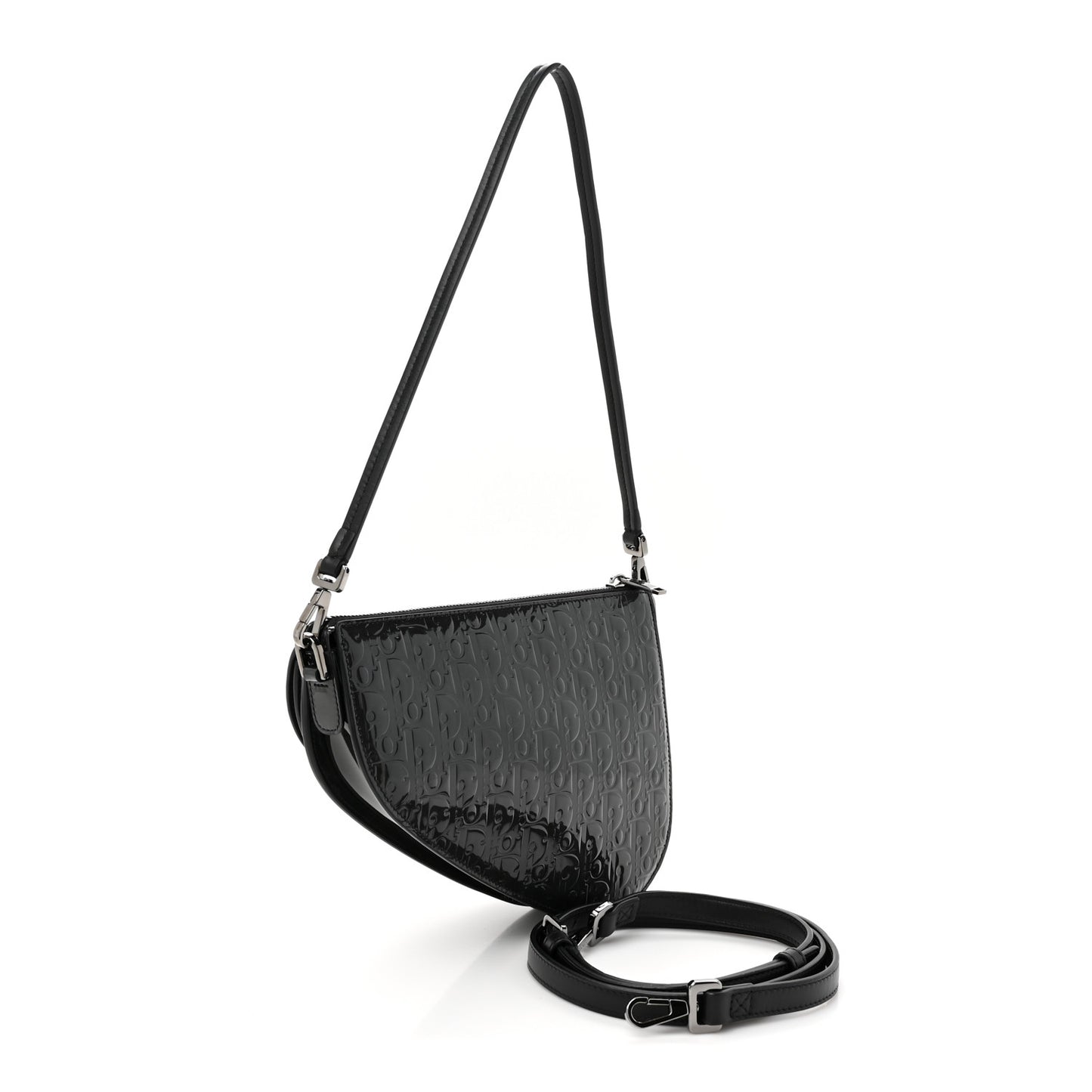 Patent Oblique Embossed Saddle Boxy Bag Black