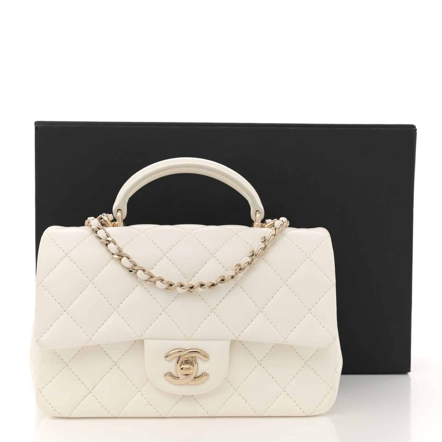 Lambskin Quilted Mini Lion Charm Top Handle Rectangular Flap White