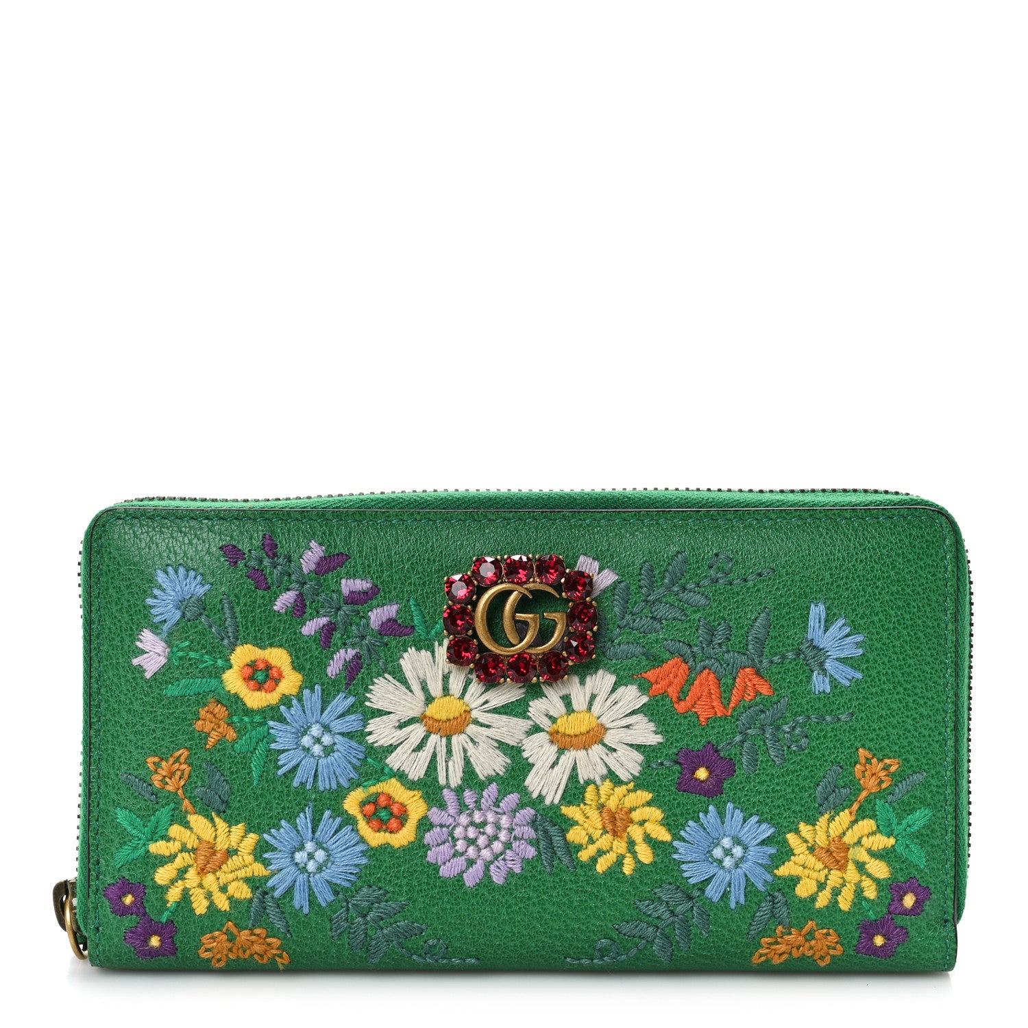 Gucci Textured Calfskin Crystal Fiori Floral Embroidered GG Zip
