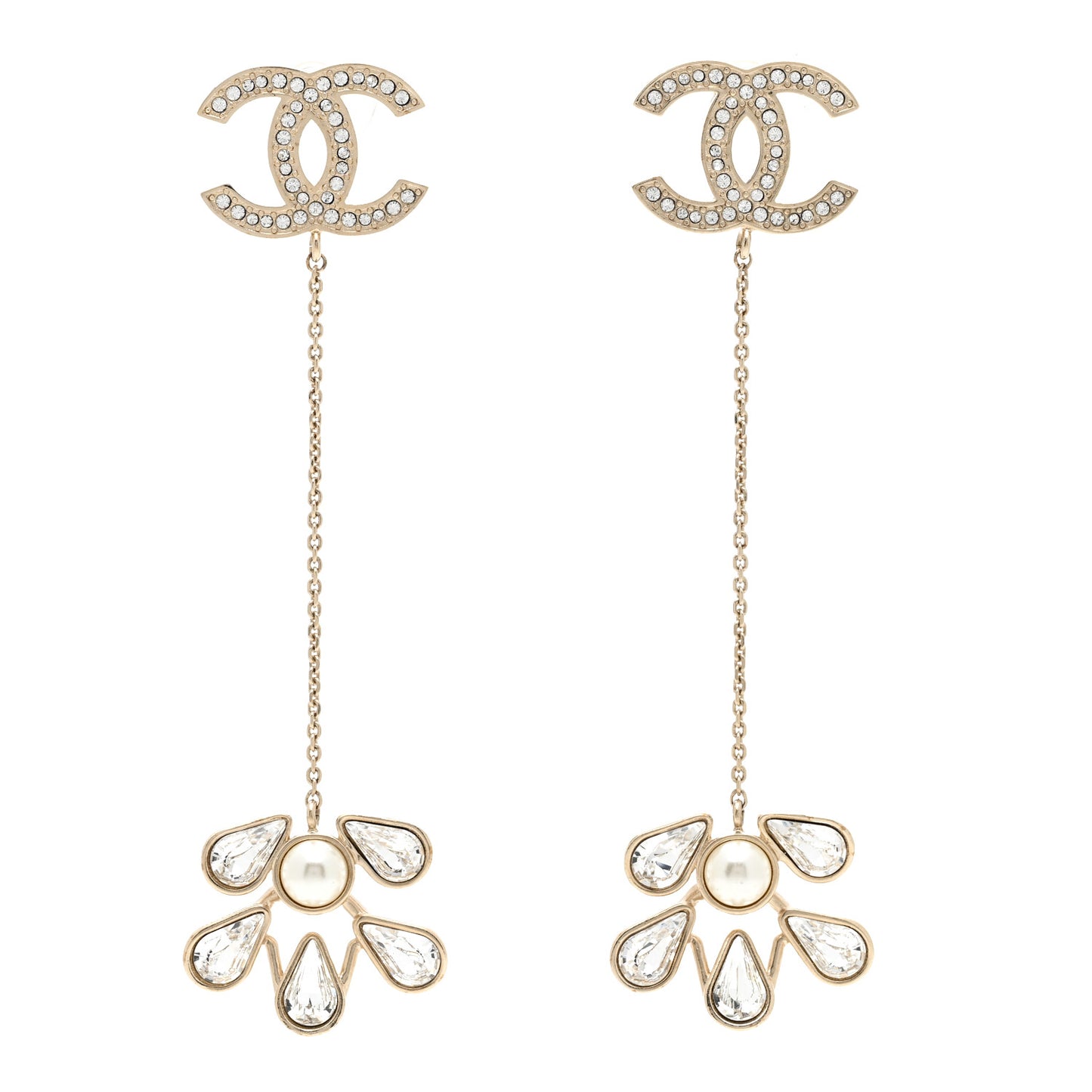 Pearl Crystal CC Drop Earrings Light Gold