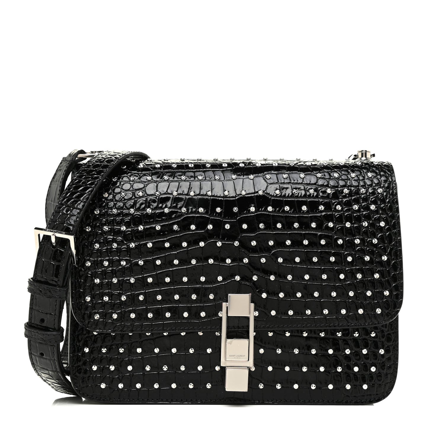 Crocodile Embossed Calfskin Crystal Embellished Carre Satchel Black