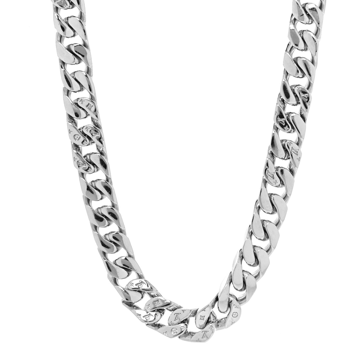 Metal Monogram Etched LV Chain Links Necklace Silver
