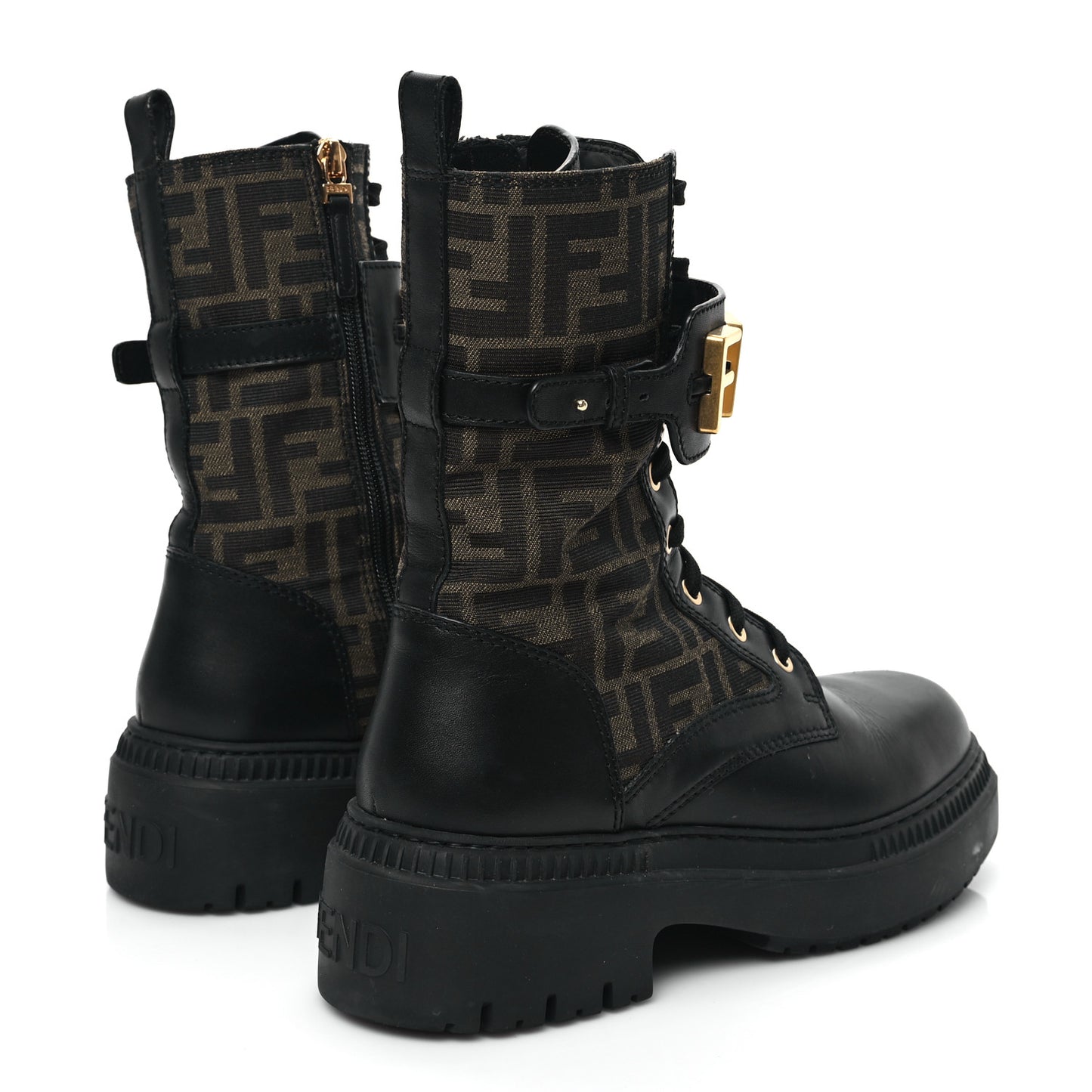 Vitello Fabric Jacquard FF Fendigraphy 50mm Biker Boots 39 Black Tobacco