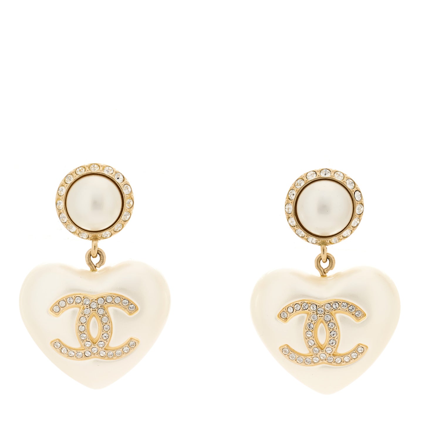 Pearl Crystal CC Heart Drop Earrings Gold