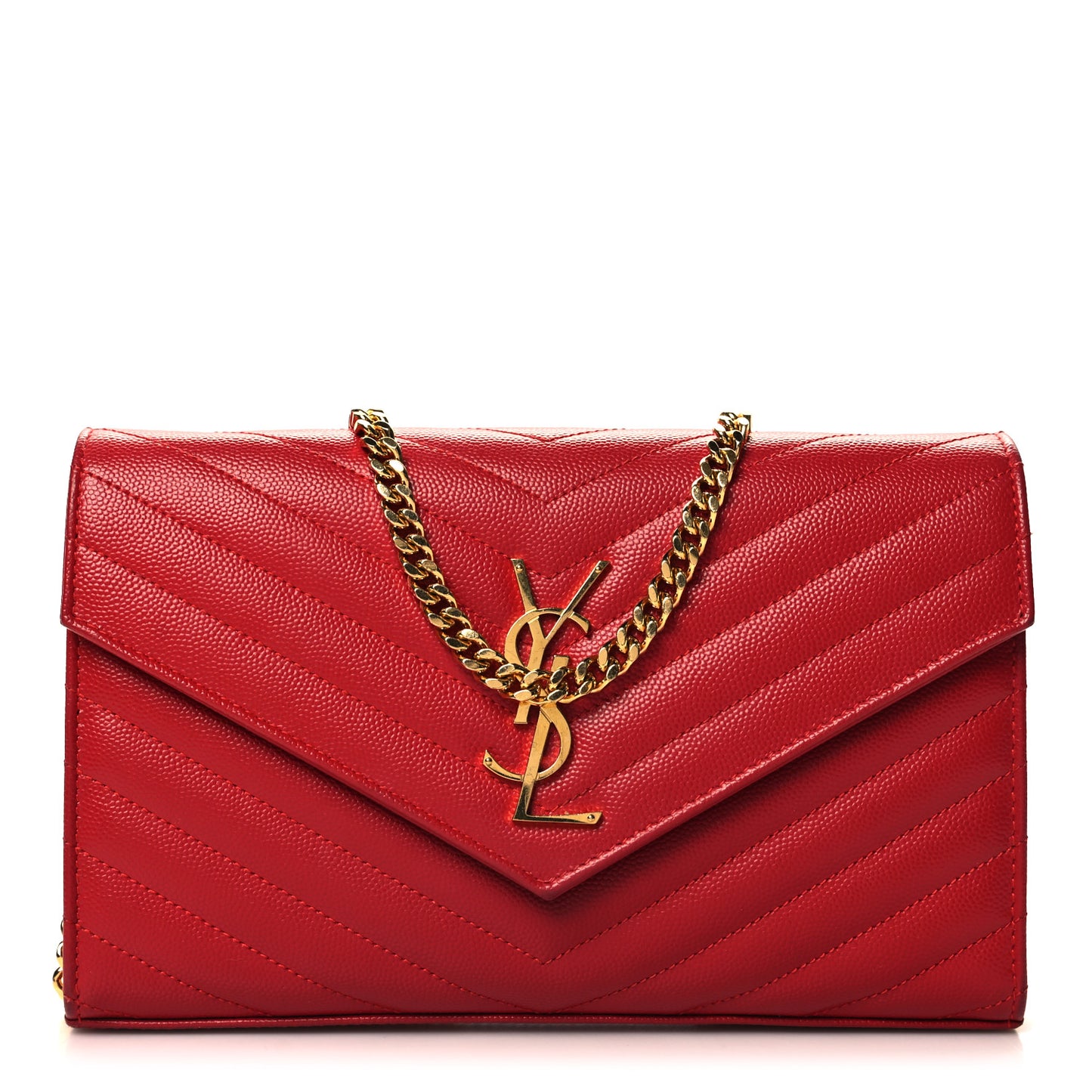 Grain De Poudre Matelasse Chevron Monogram Chain Wallet Red