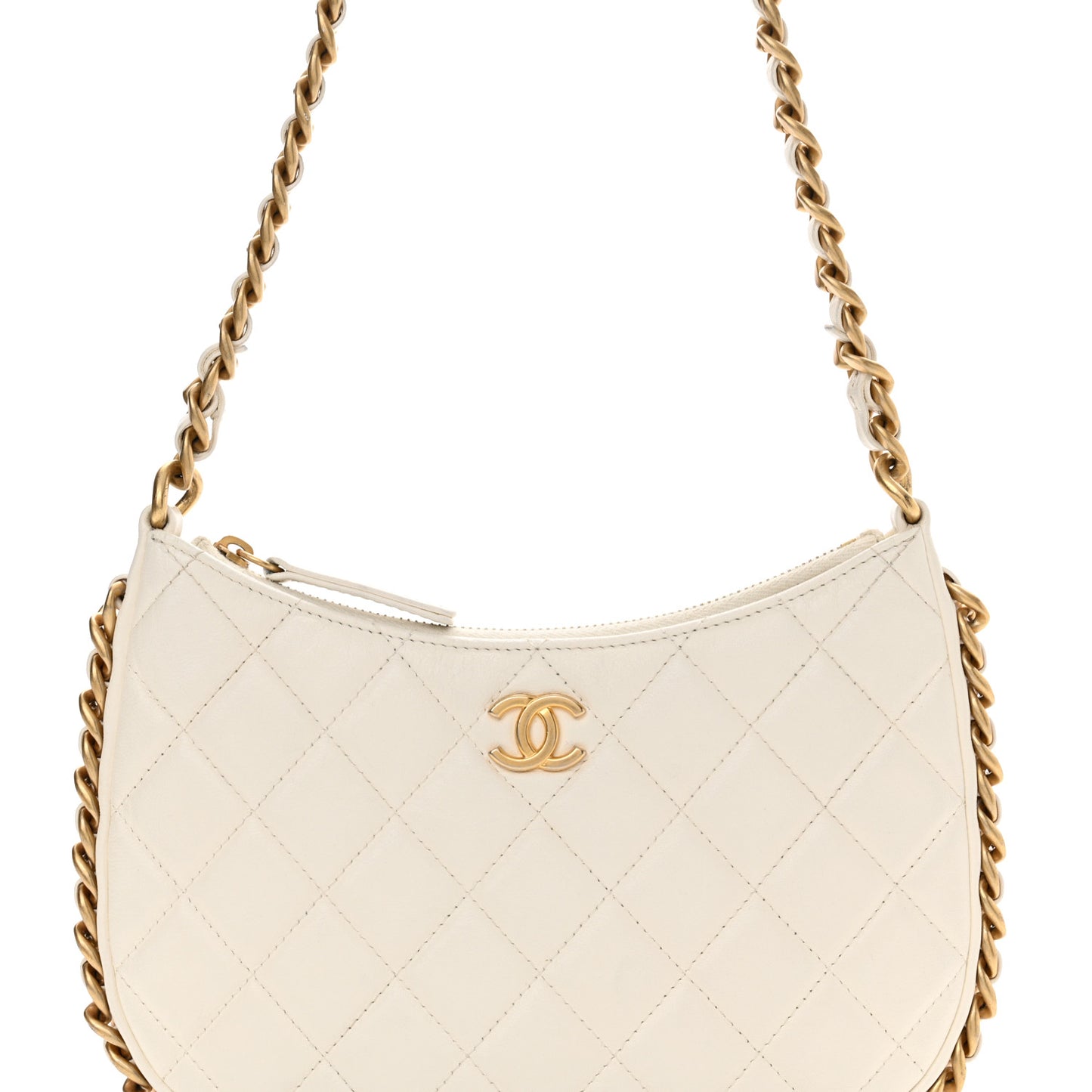 Shiny Crumpled Lambskin Quilted Trendy Chain Around Hobo White