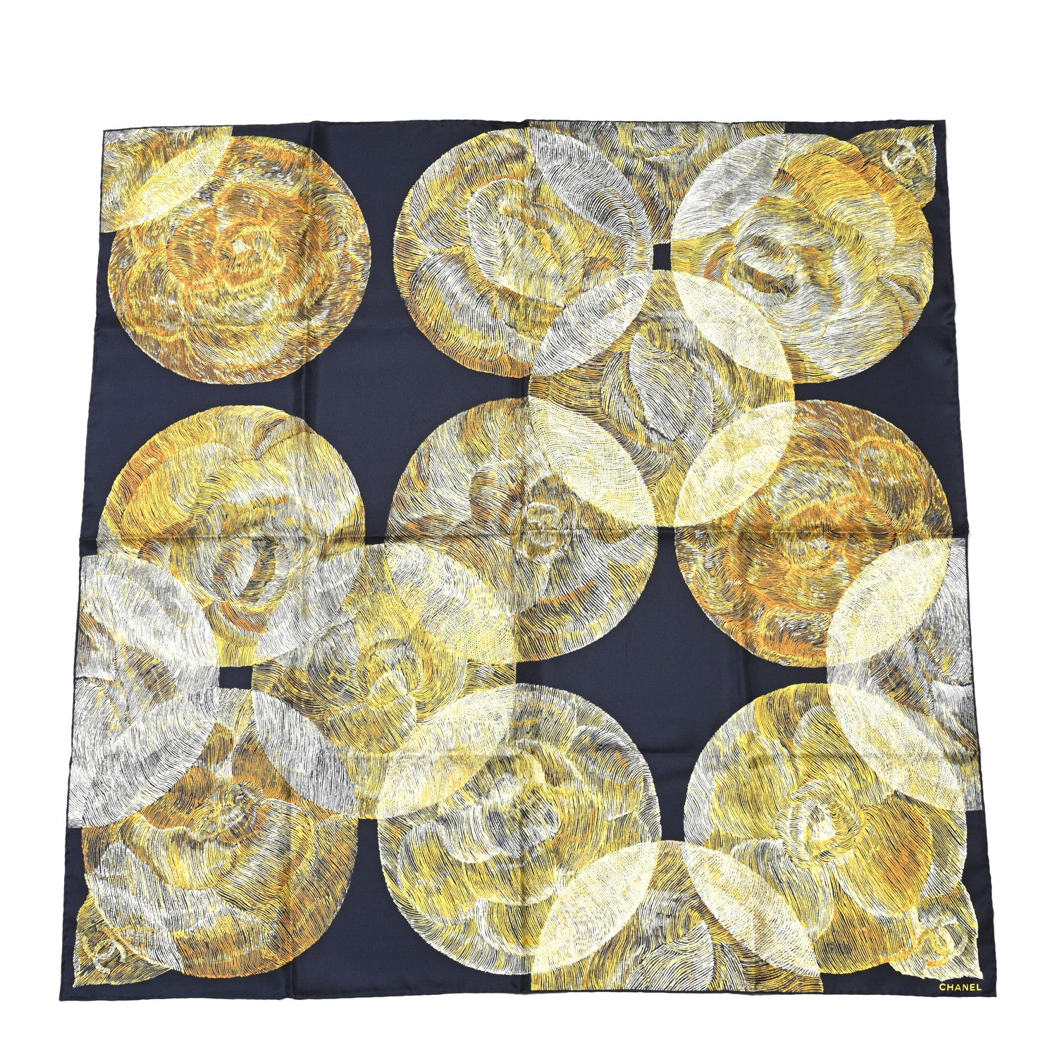 Chanel Silk Camellia Moons Scarf Navy Yellow 1751457 – FASHIONPHILE