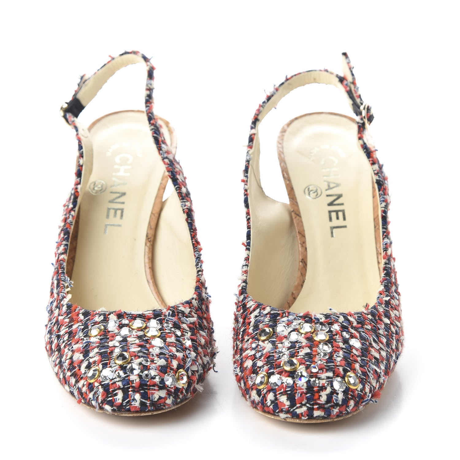 Chanel Tweed Crystal Cork CC Slingback Pumps 37.5 Multicolor 2 of 8