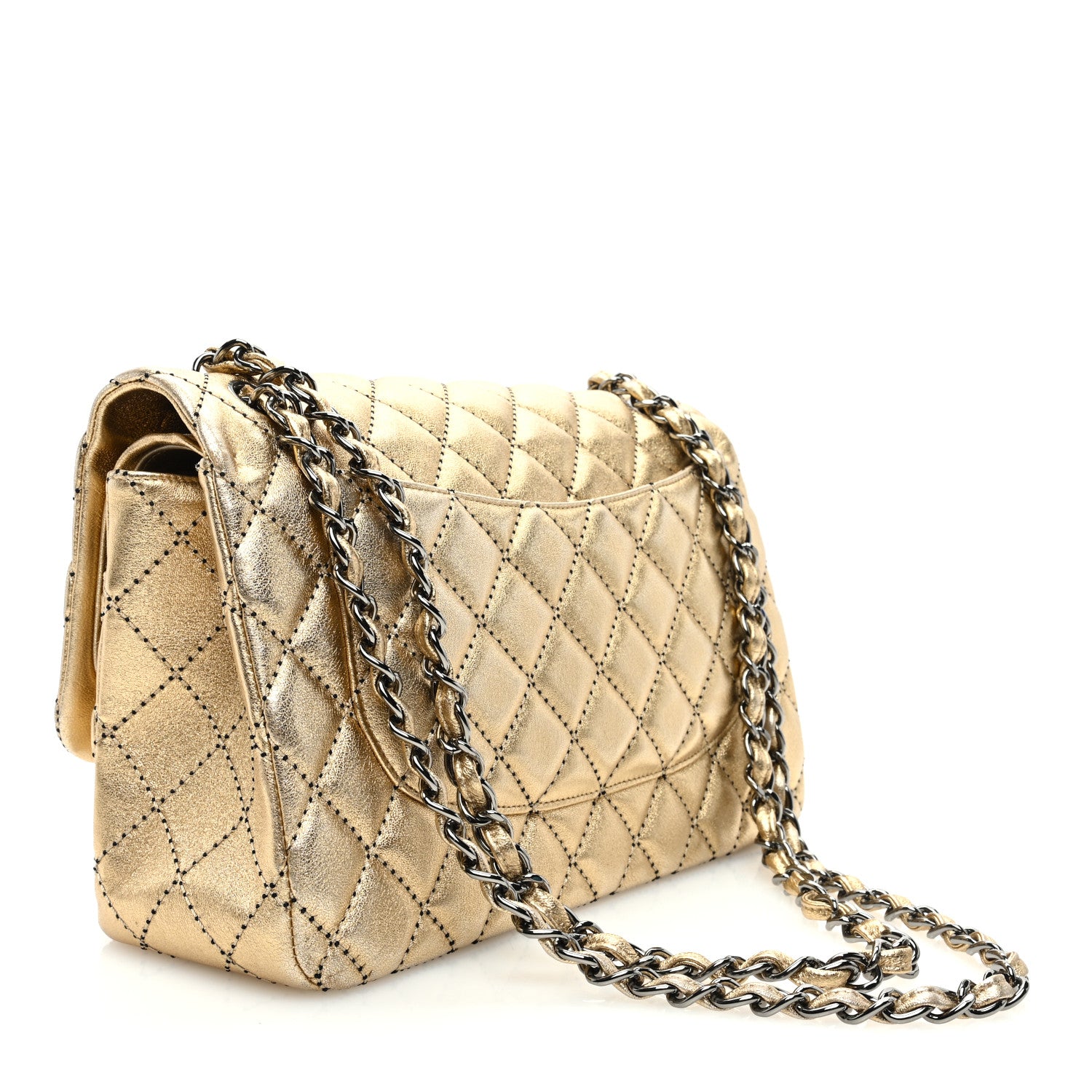 Chanel Metallic Washed Lambskin Quilted Jumbo Double Flap Dark Gold 3 of 11