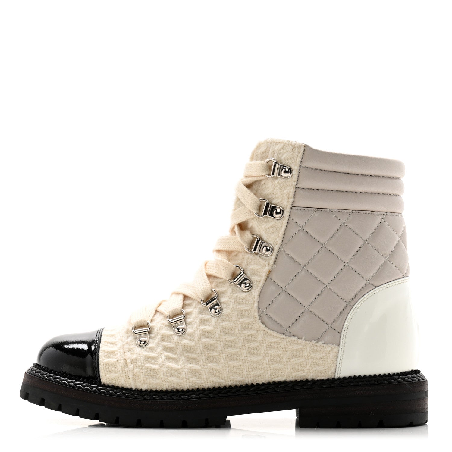 Chanel Tweed Patent Cap Toe Lace Up Short Boots 39.5 White 1 of 12