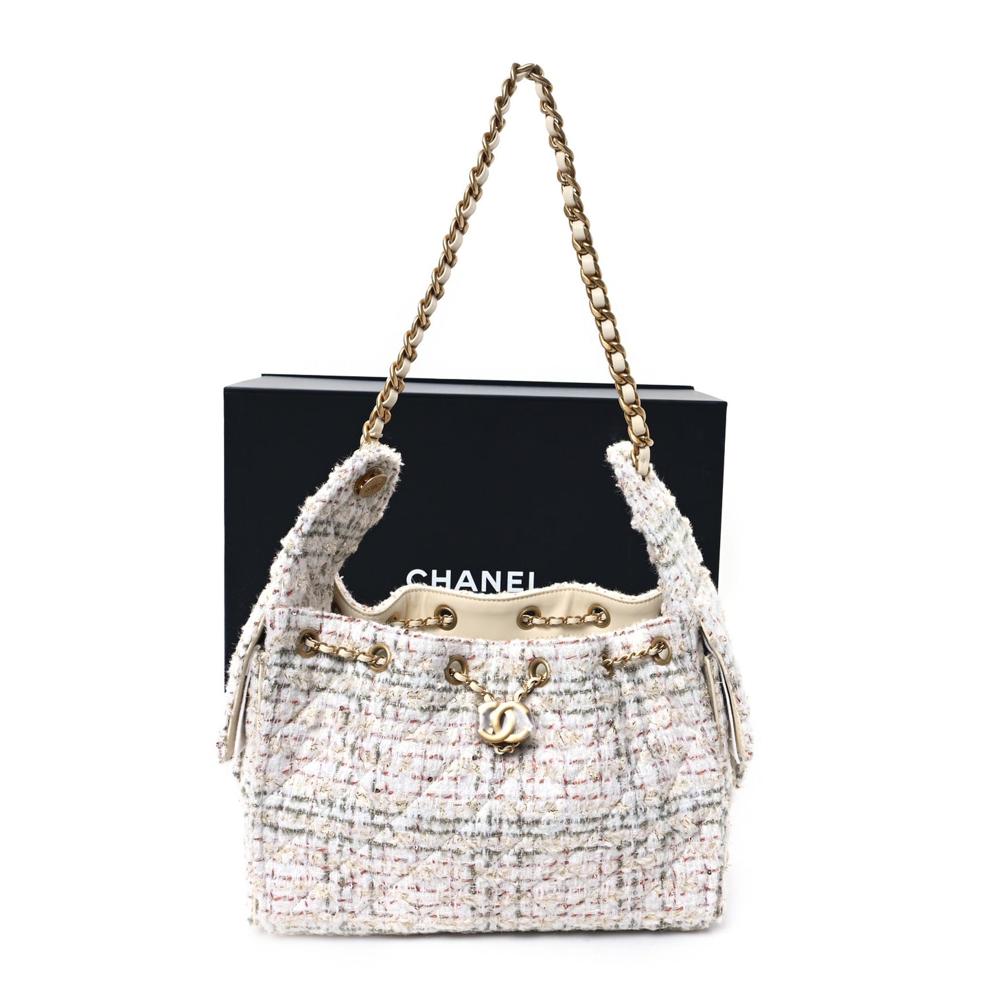 Wool Tweed Small Chanel 25 Handbag Ecru Gold Red Khaki Multicolor