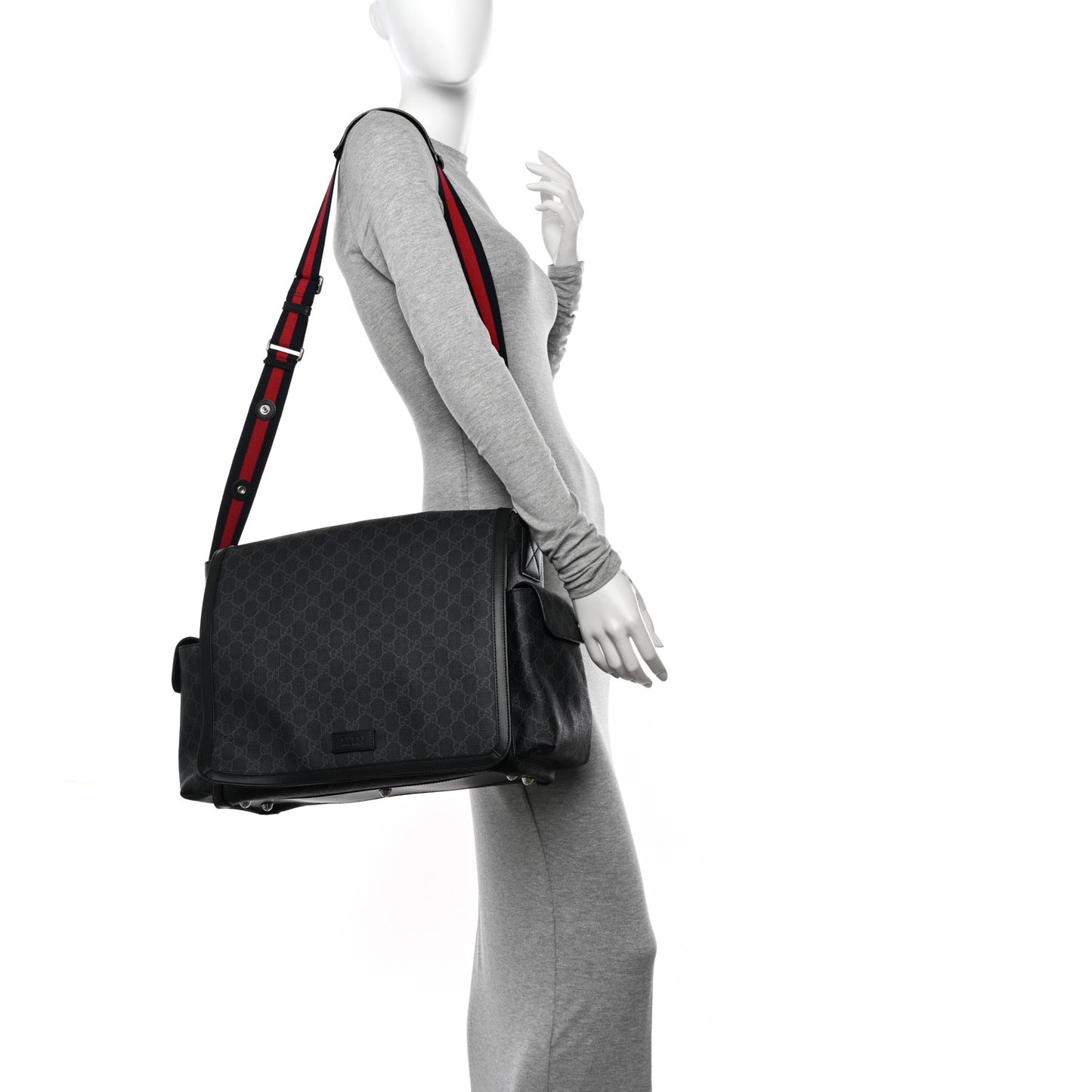 GG Supreme Monogram Web Messenger Diaper Bag Black Grey