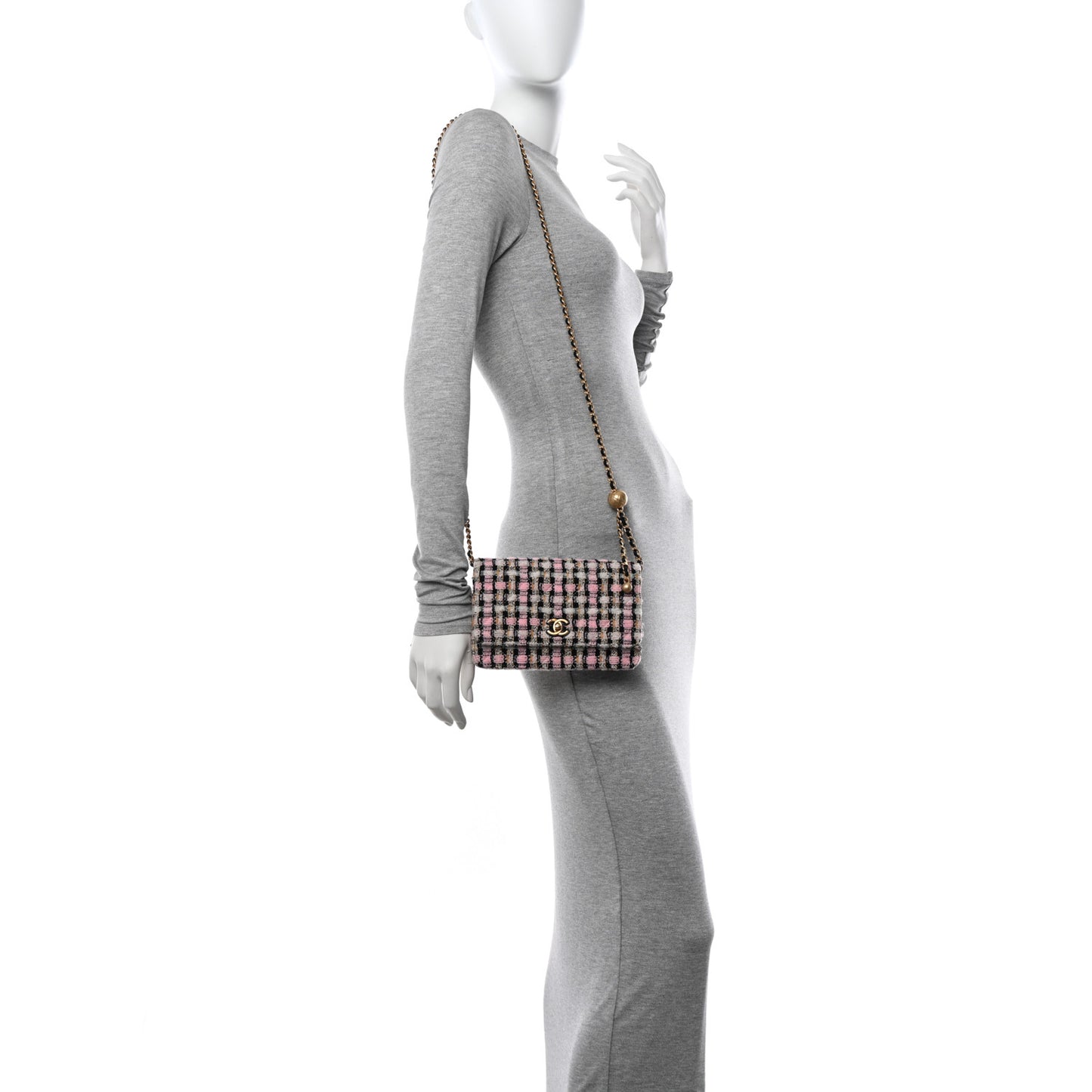 Tweed Quilted CC Pearl Crush Wallet On Chain WOC Pink Multicolor