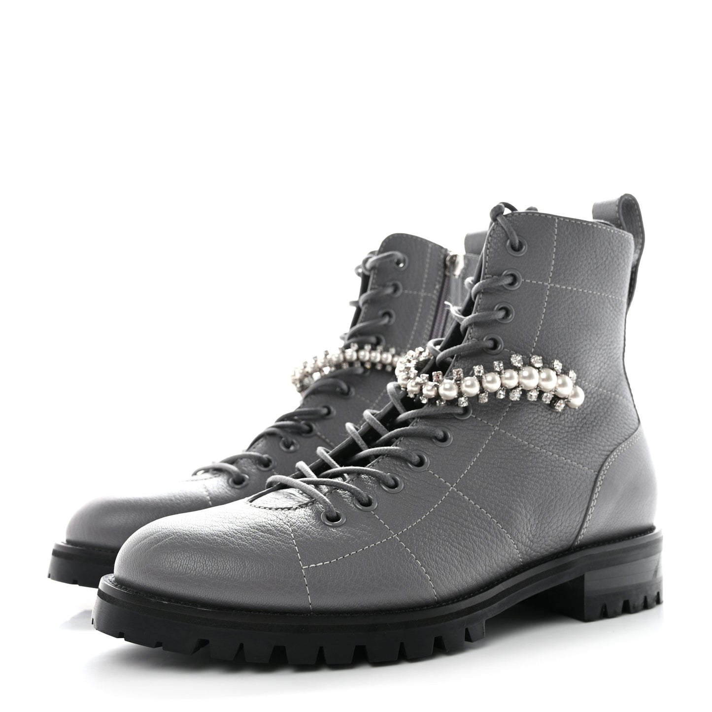 Grained Calfskin Crystal Embellished Cruz Combat Boots 37 Grey