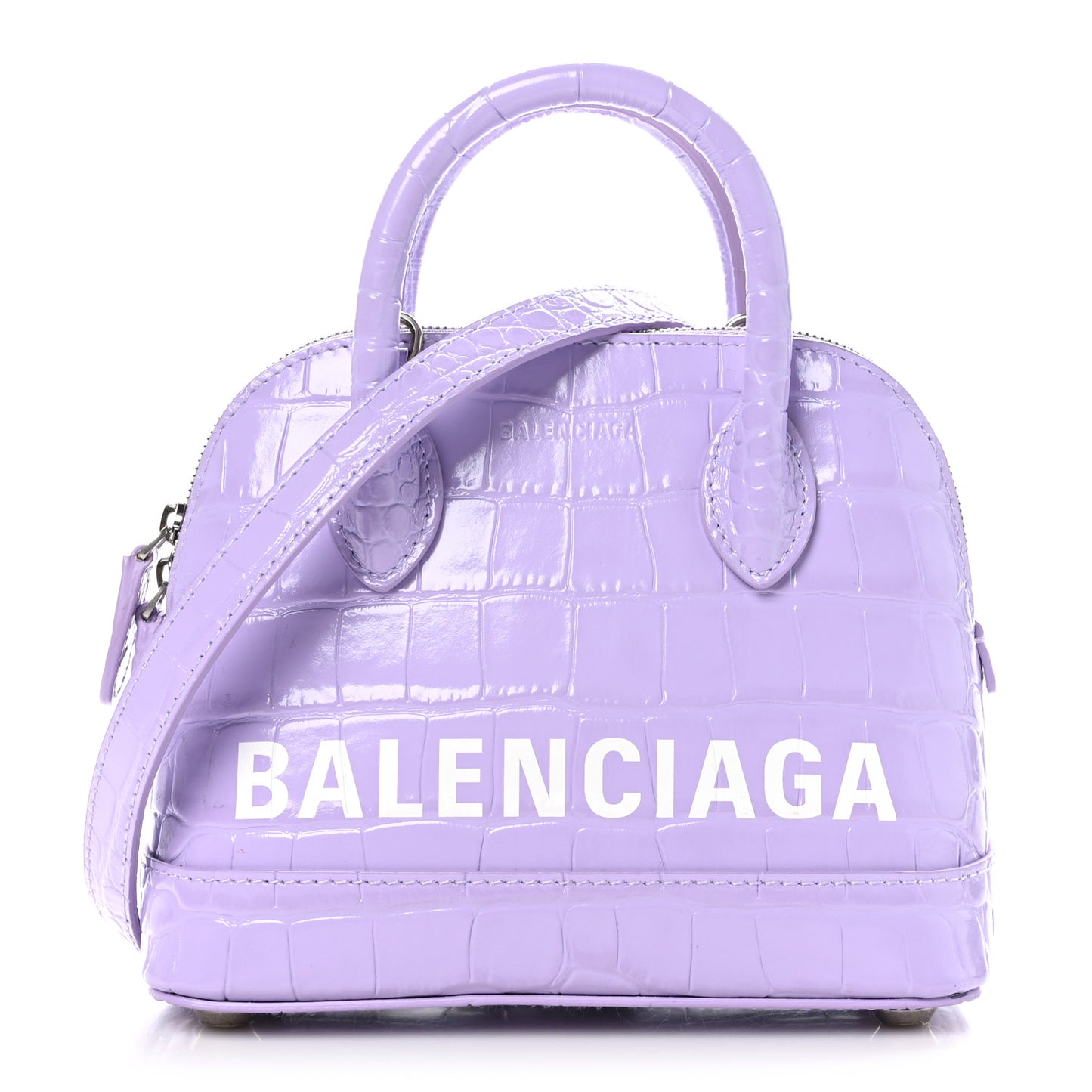 Shiny Calfskin Logo Crocodile Embossed XXS Ville Top Handle Bag Lilac White