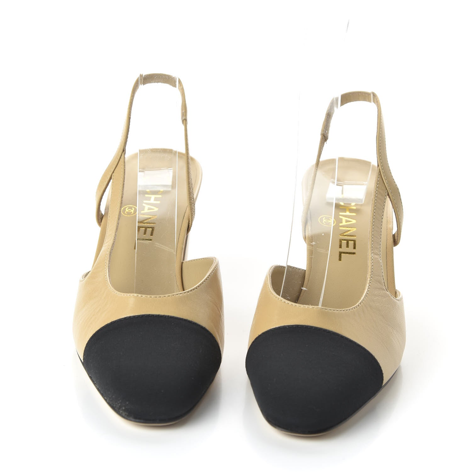 Chanel Goatskin Grosgrain Cap Toe CC Slingback Pumps 37.5 Beige Black 3 of 8