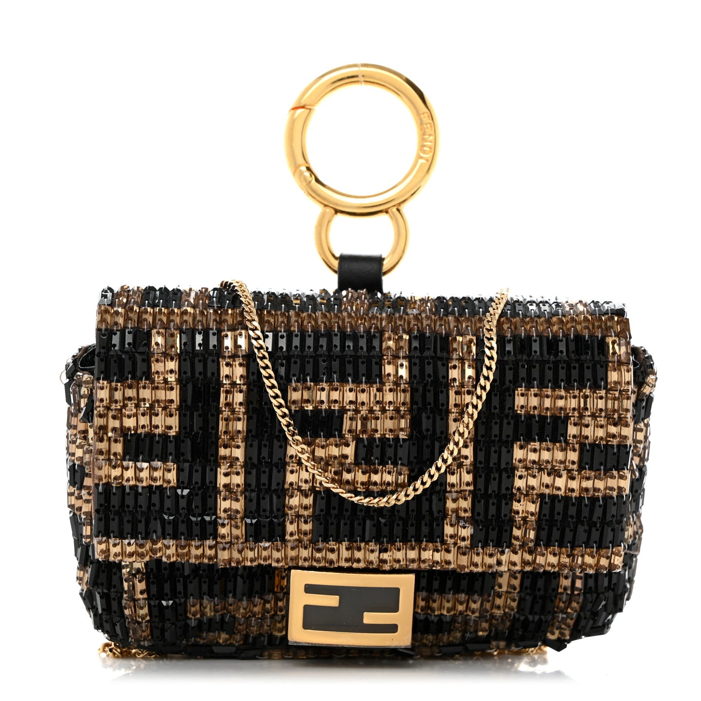Crystal Vitello King FF Beaded Nano Baguette Charm Moro Black
