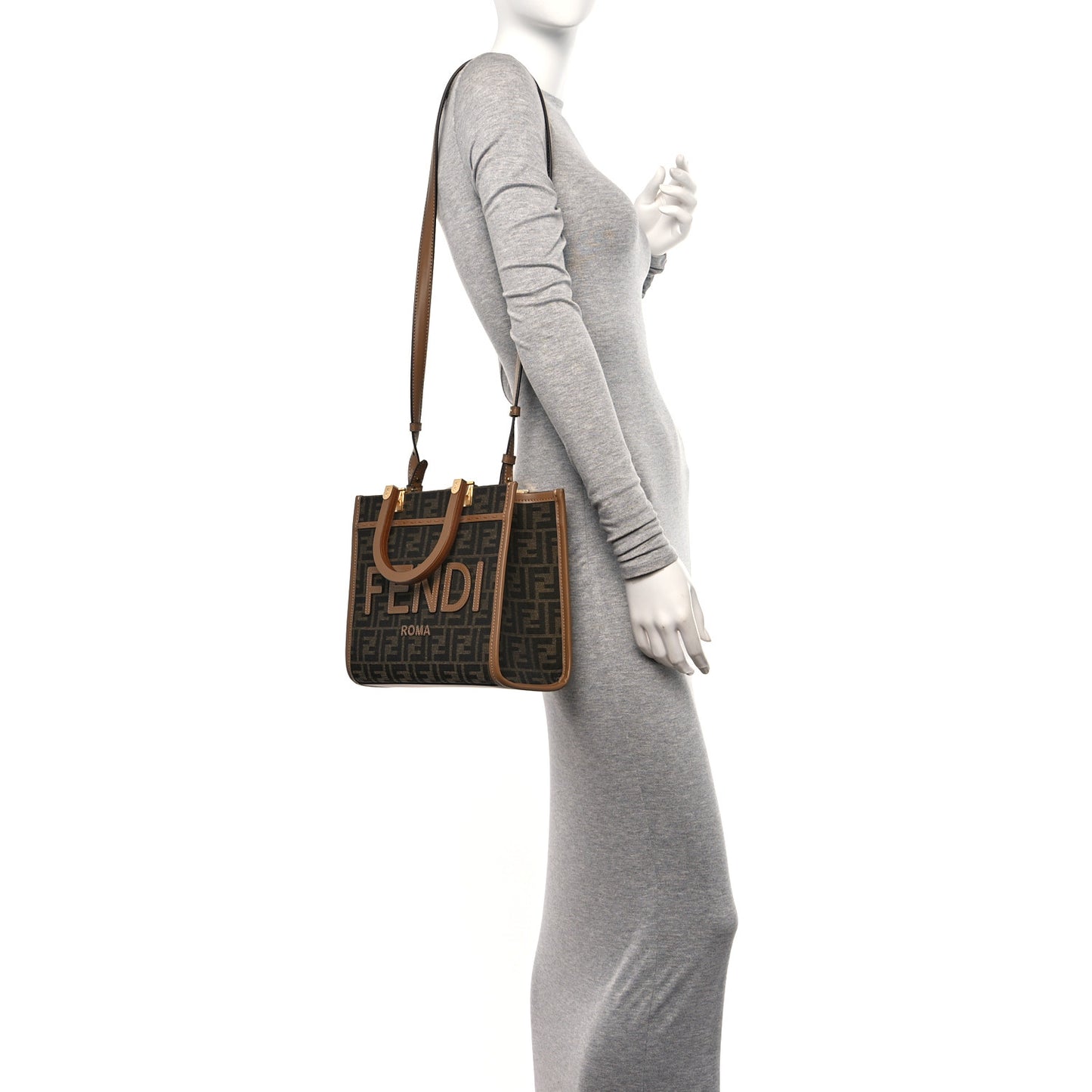 Fabric Jacquard FF 1974 Logo Small Fendi Sunshine Shopper Tote Tobacco Moro Sand